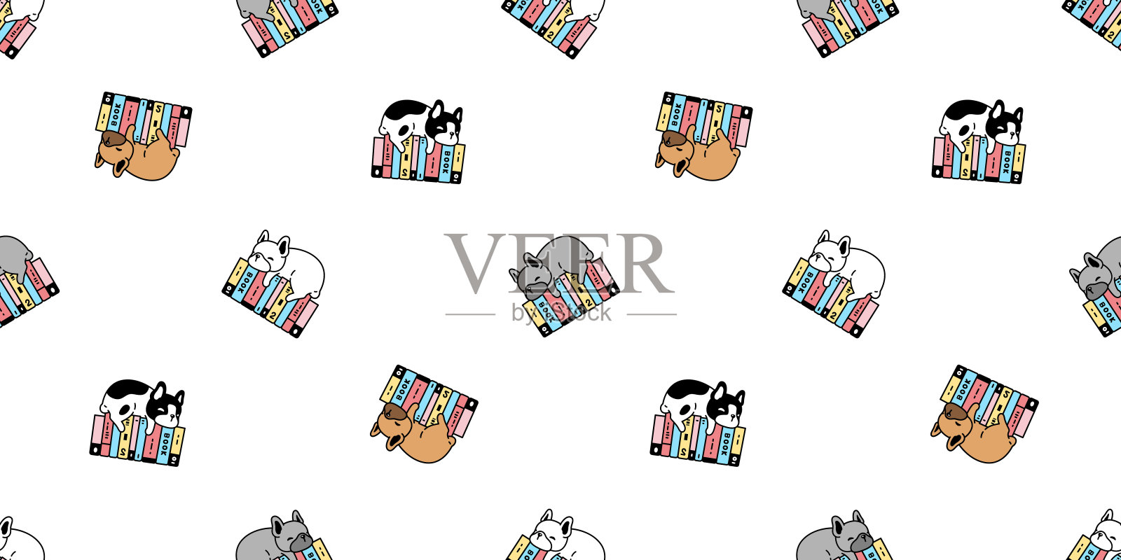 狗无缝图案法国斗牛犬睡觉书小狗矢量骨宠物玩具涂鸦卡通瓷砖背景礼物包装纸重复壁纸围巾孤立的插图设计插画图片素材