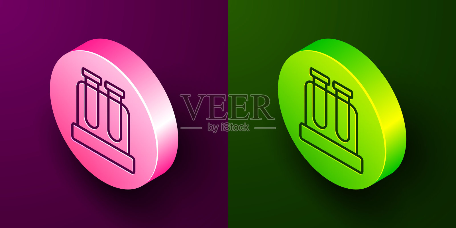 试管和烧瓶化学实验室测试图标隔离在紫色和绿色背景上。实验室玻璃器皿标志。圆按钮。向量插画图片素材