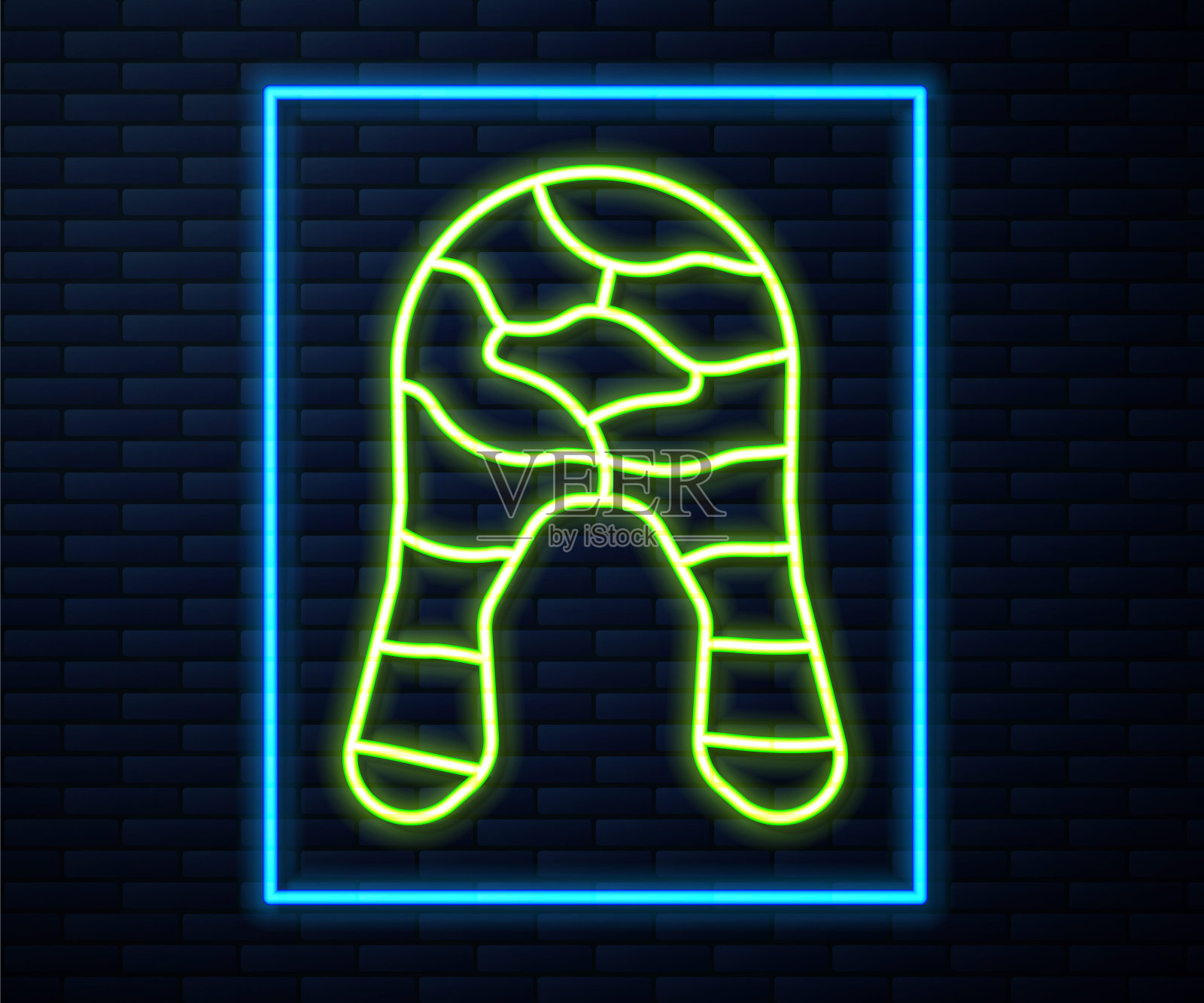 发光的霓虹灯线鱼牛排图标孤立的砖墙背景。向量插画图片素材