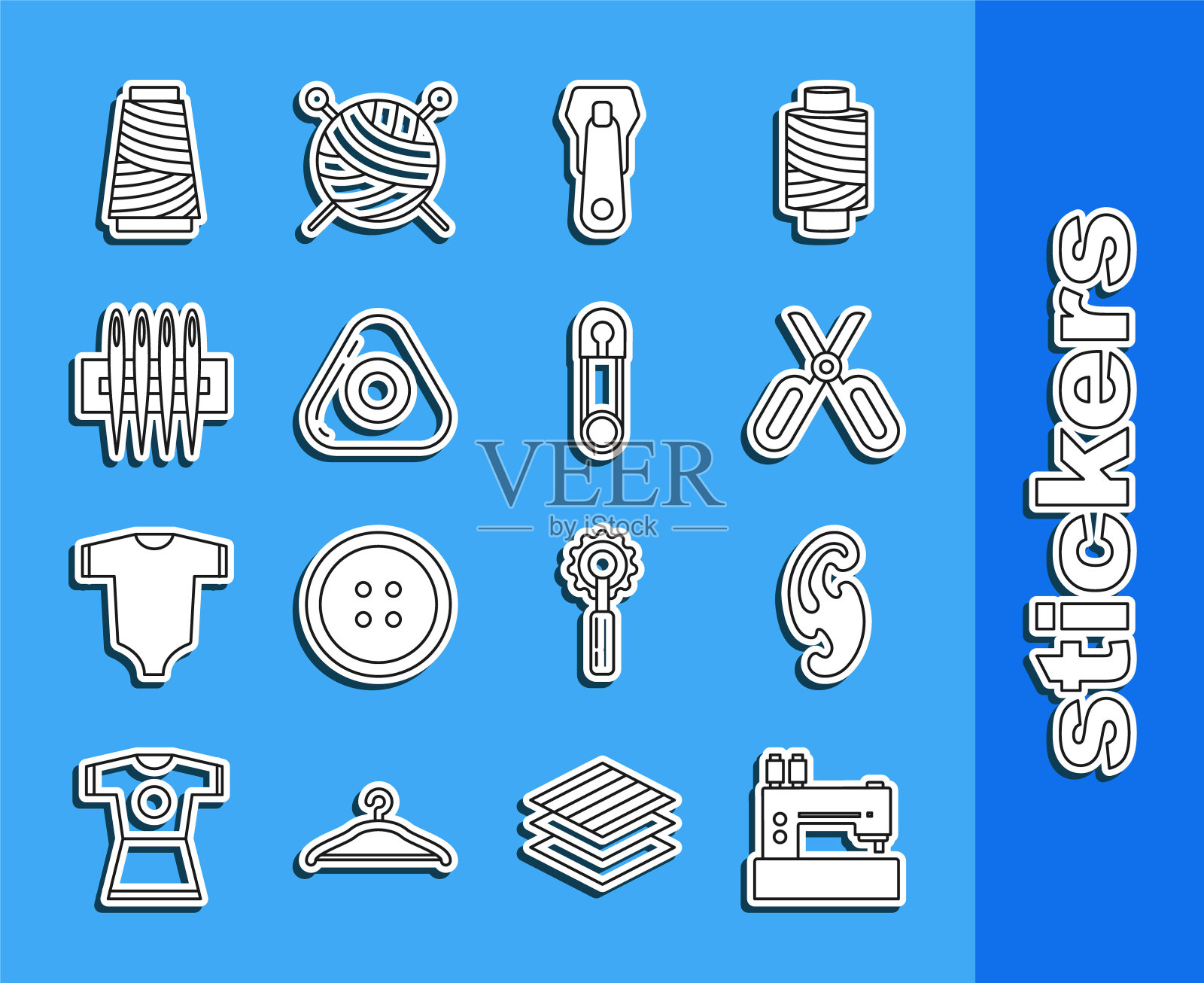 集线缝纫机，法国曲线，剪刀，拉链，粉笔，缝线，线轴和经典封闭钢安全别针图标。向量插画图片素材