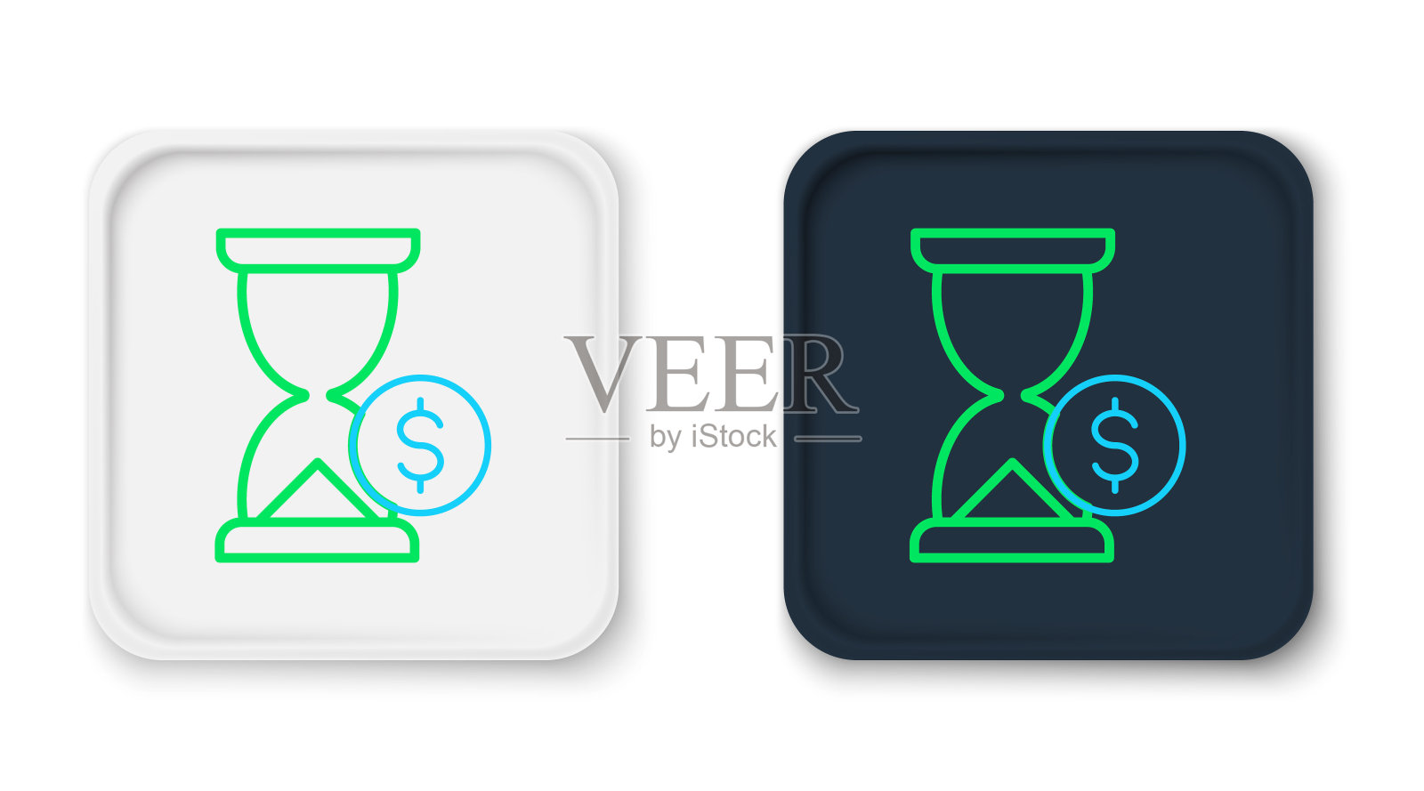 线沙漏与美元图标隔离在白色背景。钱的时间。沙漏和钱。增长，收入，储蓄，投资。色彩缤纷的轮廓概念。向量插画图片素材