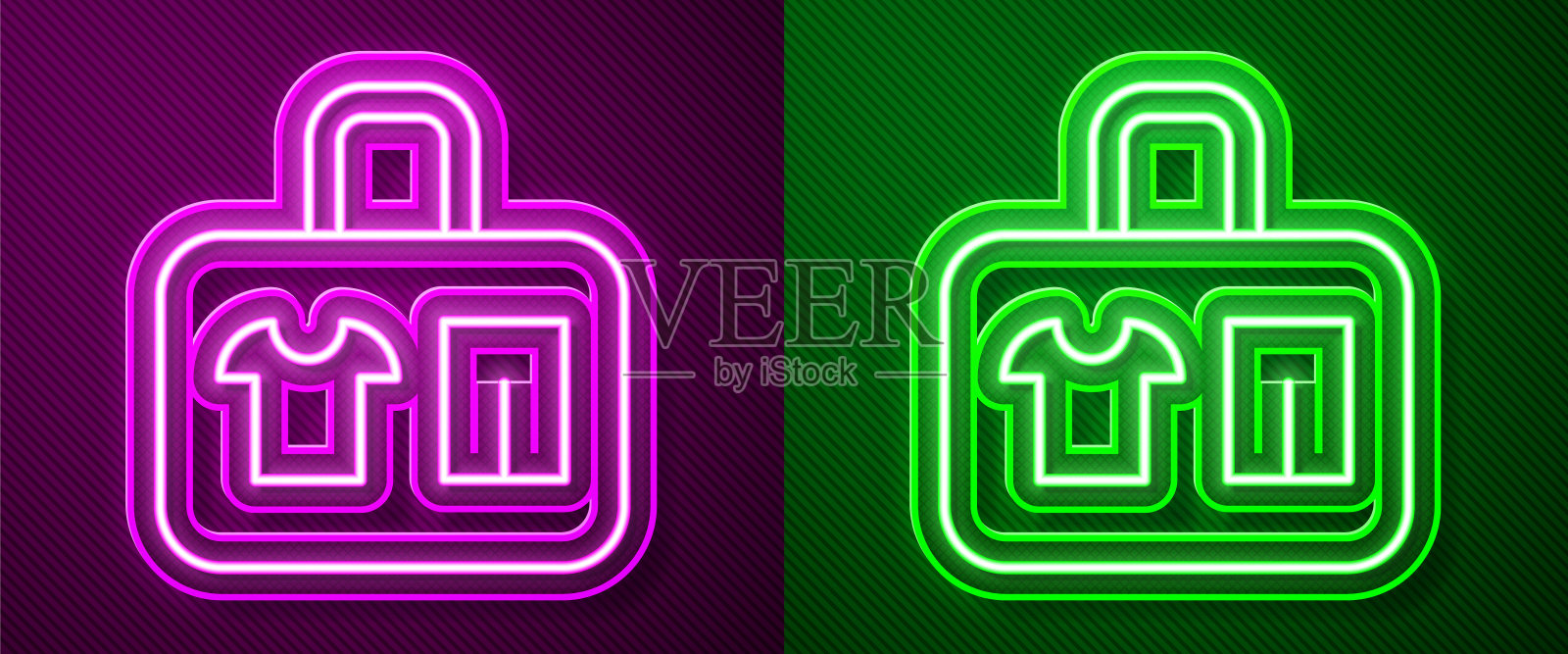 发光的霓虹灯线行李箱的旅行图标孤立的紫色和绿色的背景。旅行行李标志。旅行行李图标。向量插画图片素材