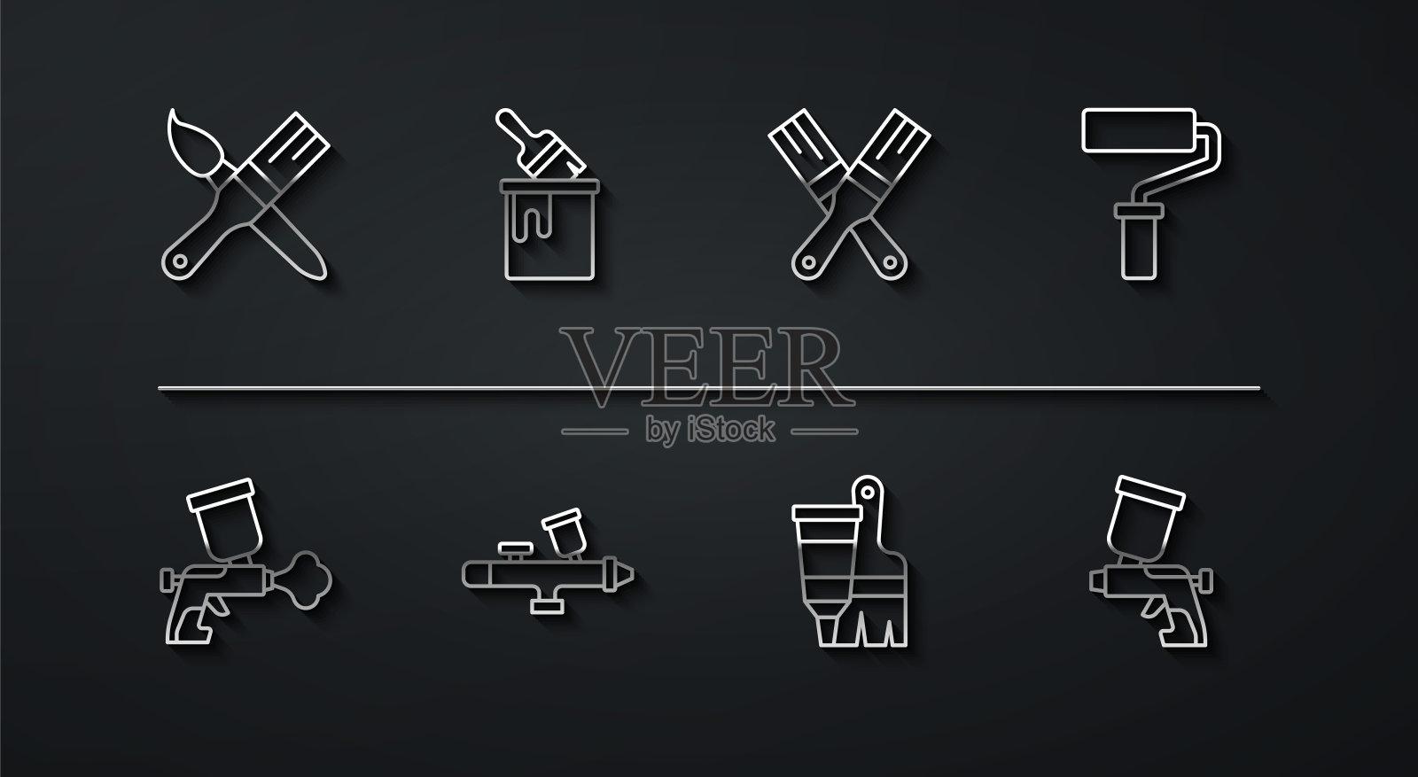 设置线油漆刷，喷枪，滚筒，管与油漆和，桶，和图标。向量插画图片素材