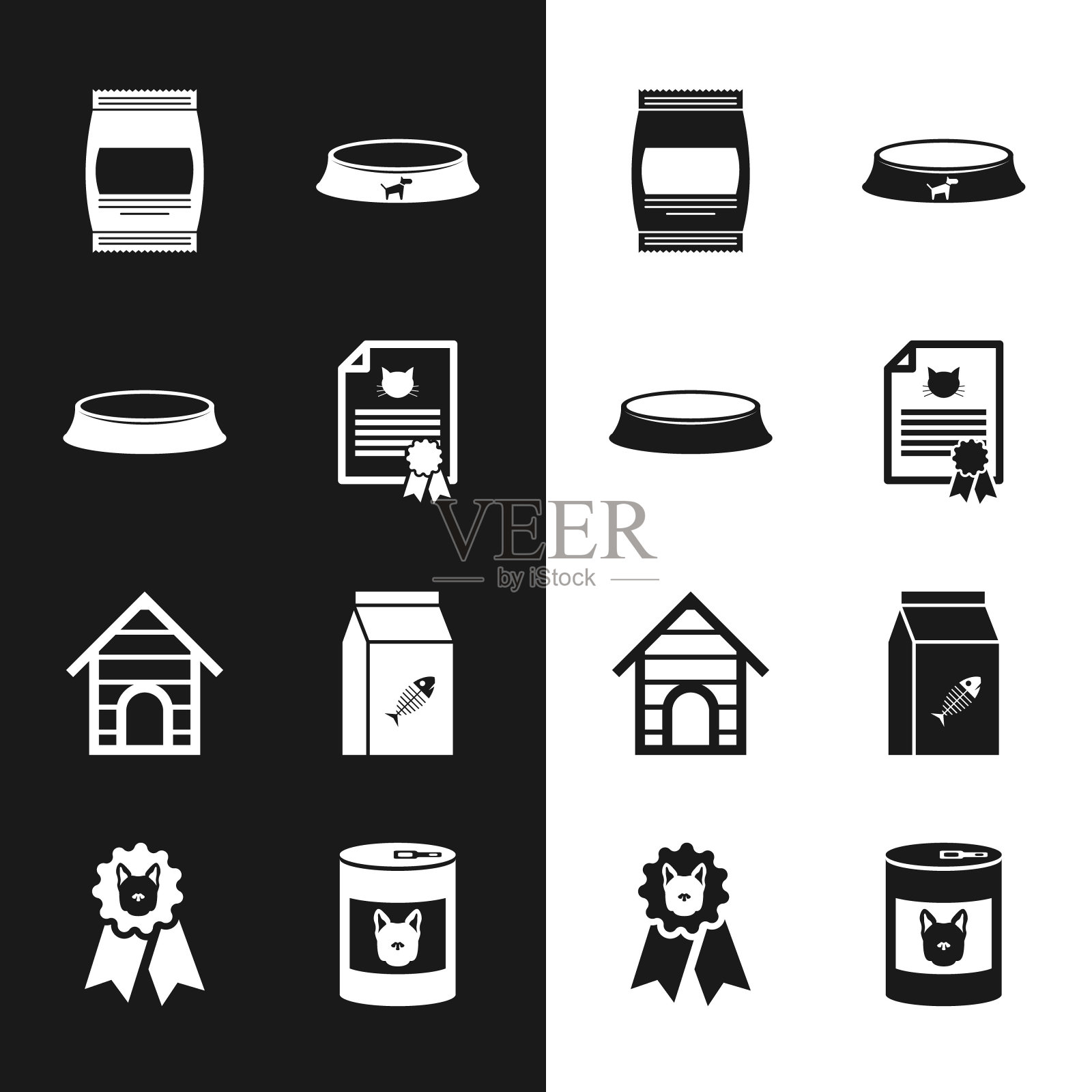 设置证书的狗或猫，宠物食品碗，袋，，狗屋和图标。向量插画图片素材