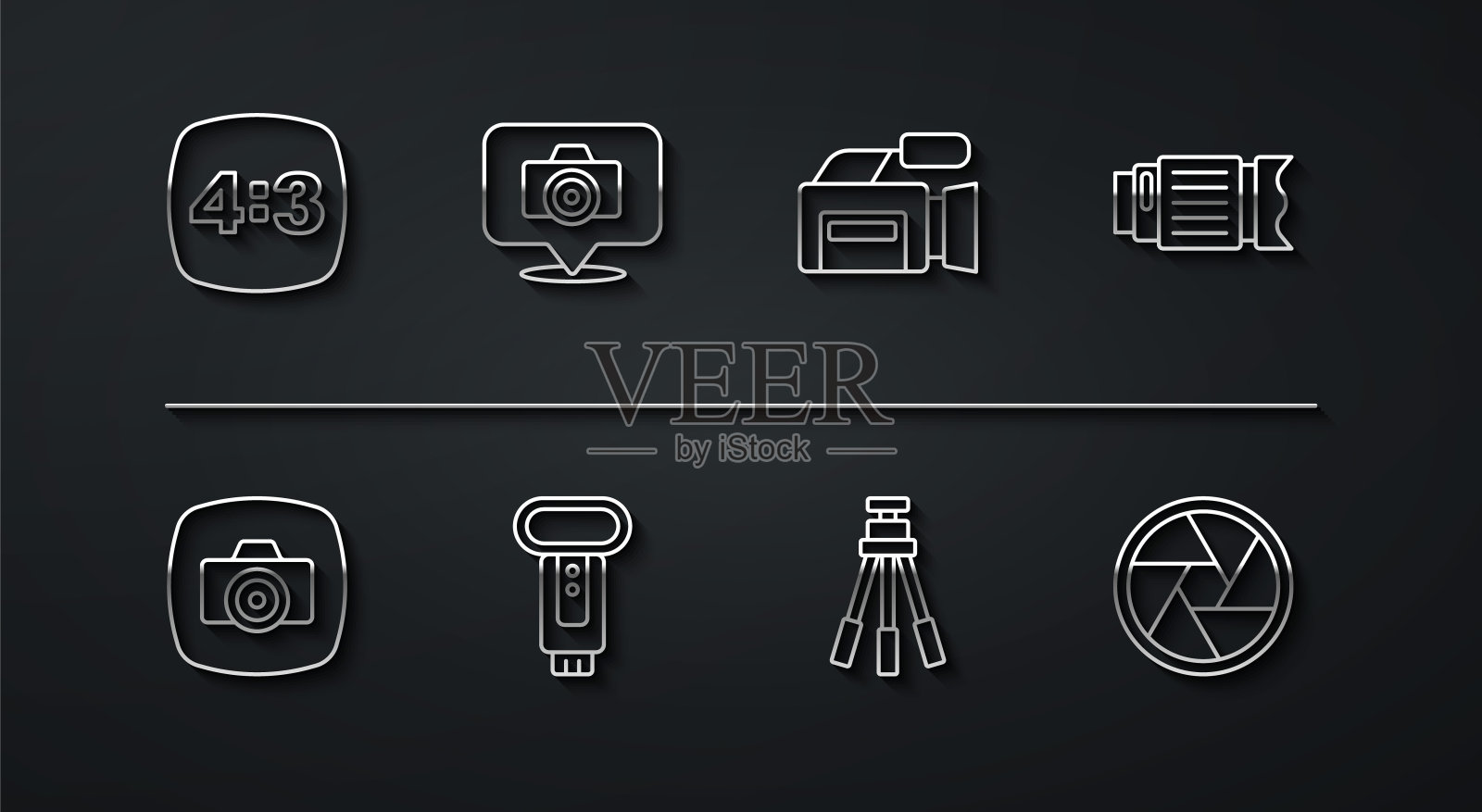 设置线相框4，相机，相机照片镜头，三脚架，闪光灯，快门和电影图标。向量插画图片素材