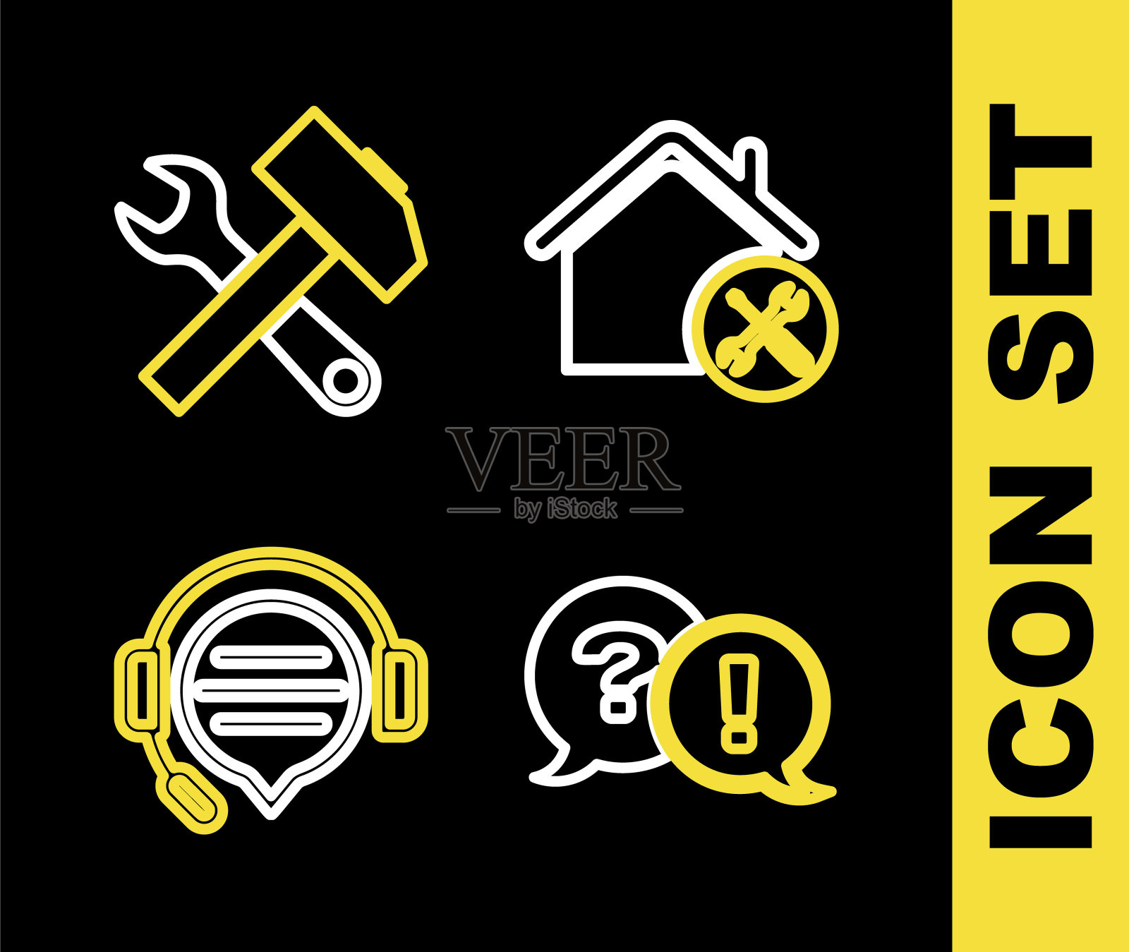 设置线House服务，问题和感叹，耳机与语音气泡聊天和十字锤扳手图标。向量插画图片素材