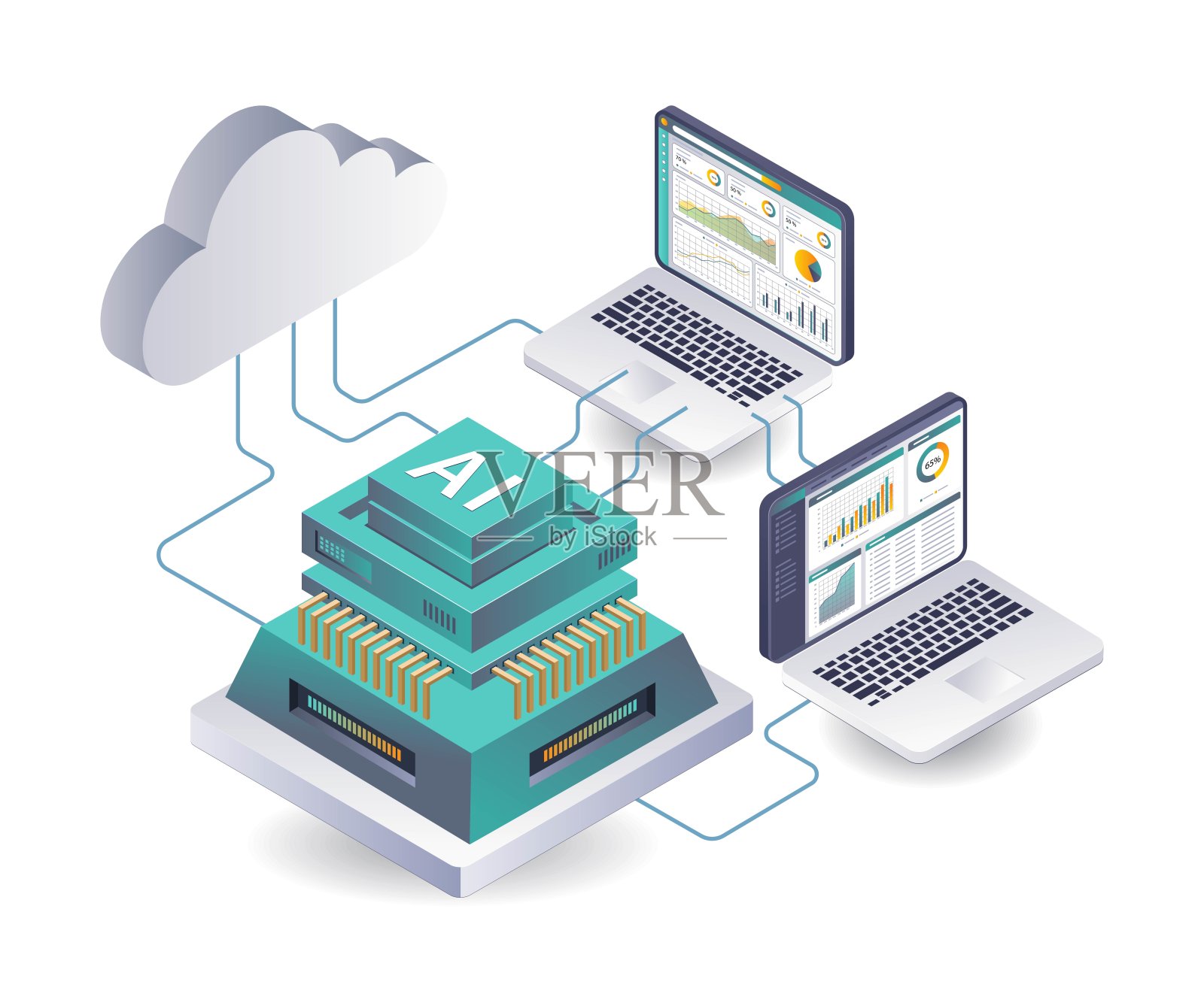 云服务器上的人工智能数据分析系统插画图片素材
