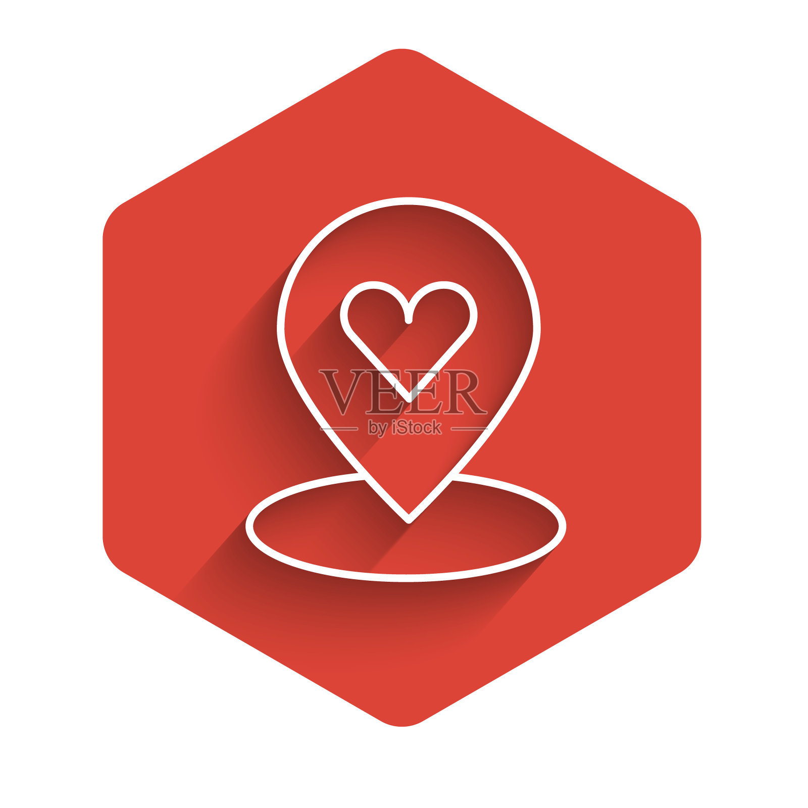 带心脏图标的白线地图指针与长阴影隔离。情人节。爱的位置。浪漫的地图别针。红色六边形按钮。向量插画图片素材