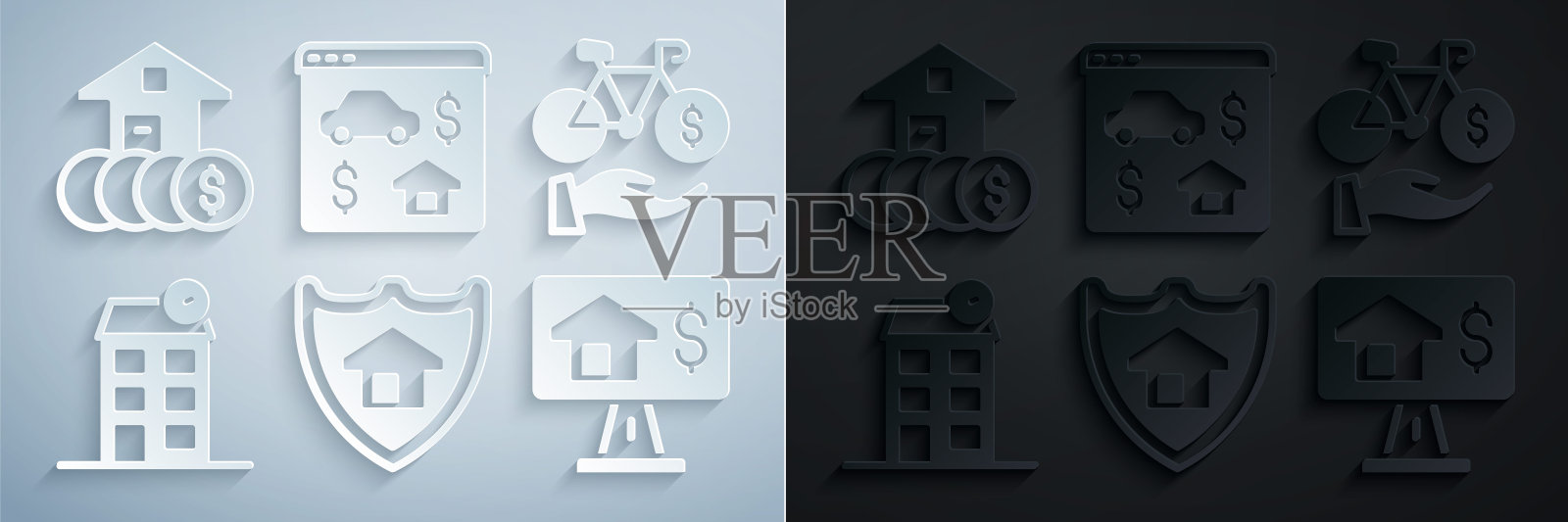 设置房子与盾牌，自行车租赁移动应用程序，在线房地产，和美元图标。向量插画图片素材