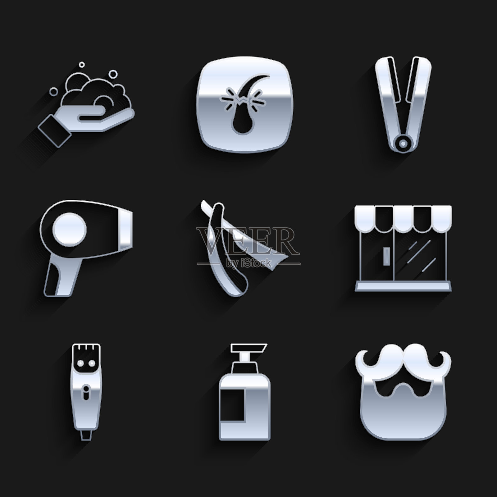 集直剃刀，瓶子洗发水，胡子和胡须，理发店的建筑，理发器，烘干机，卷发器的头发和剃须泡沫手图标。向量插画图片素材