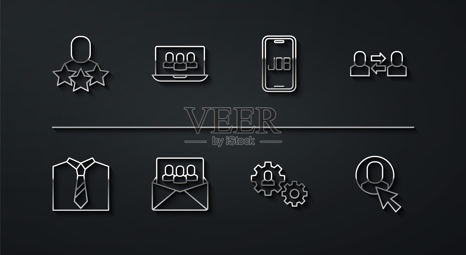 设置生产线生产的人，领带，交换工作，人与齿轮，项目团队基地，工人和搜索工作图标。向量插画图片素材