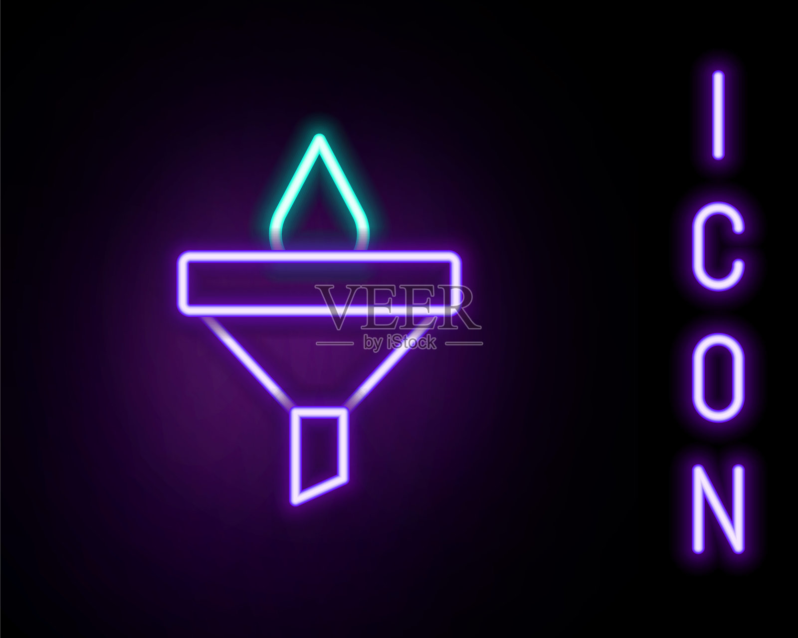 发光的霓虹灯线漏斗或过滤器和机油滴图标孤立的黑色背景。色彩缤纷的轮廓概念。向量插画图片素材