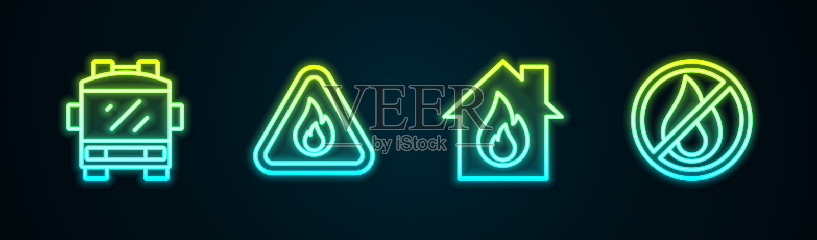 消防元素图标：消防车、火焰三角标志、燃烧的房屋和禁止烟火标志插画图片素材