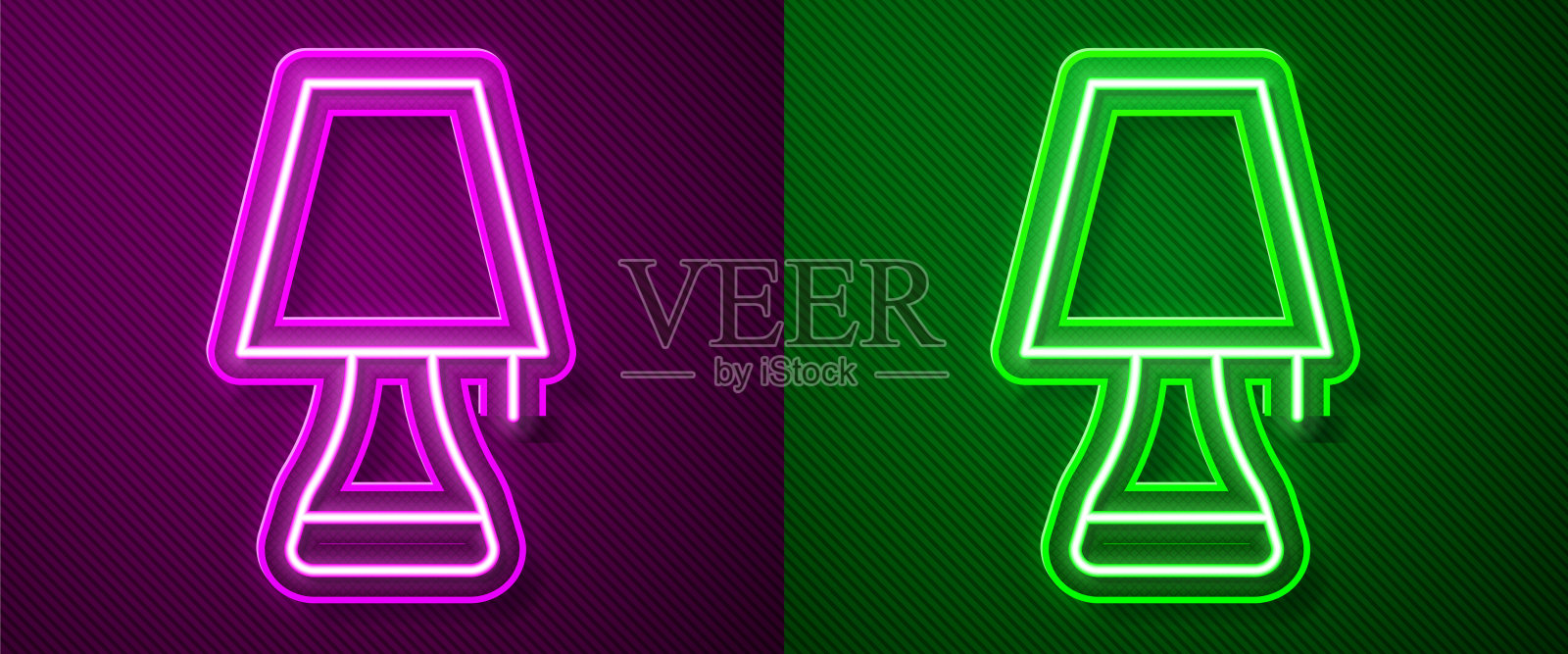 发光的霓虹线台灯图标孤立的紫色和绿色的背景。向量插画图片素材