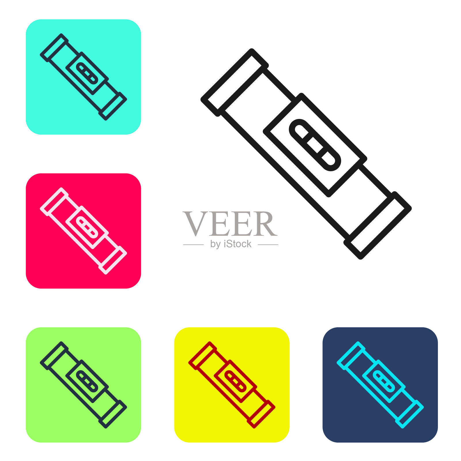 黑线建设泡沫水平图标隔离在白色背景。水杯，测量仪器，测量设备。设置图标为彩色方形按钮。向量插画图片素材