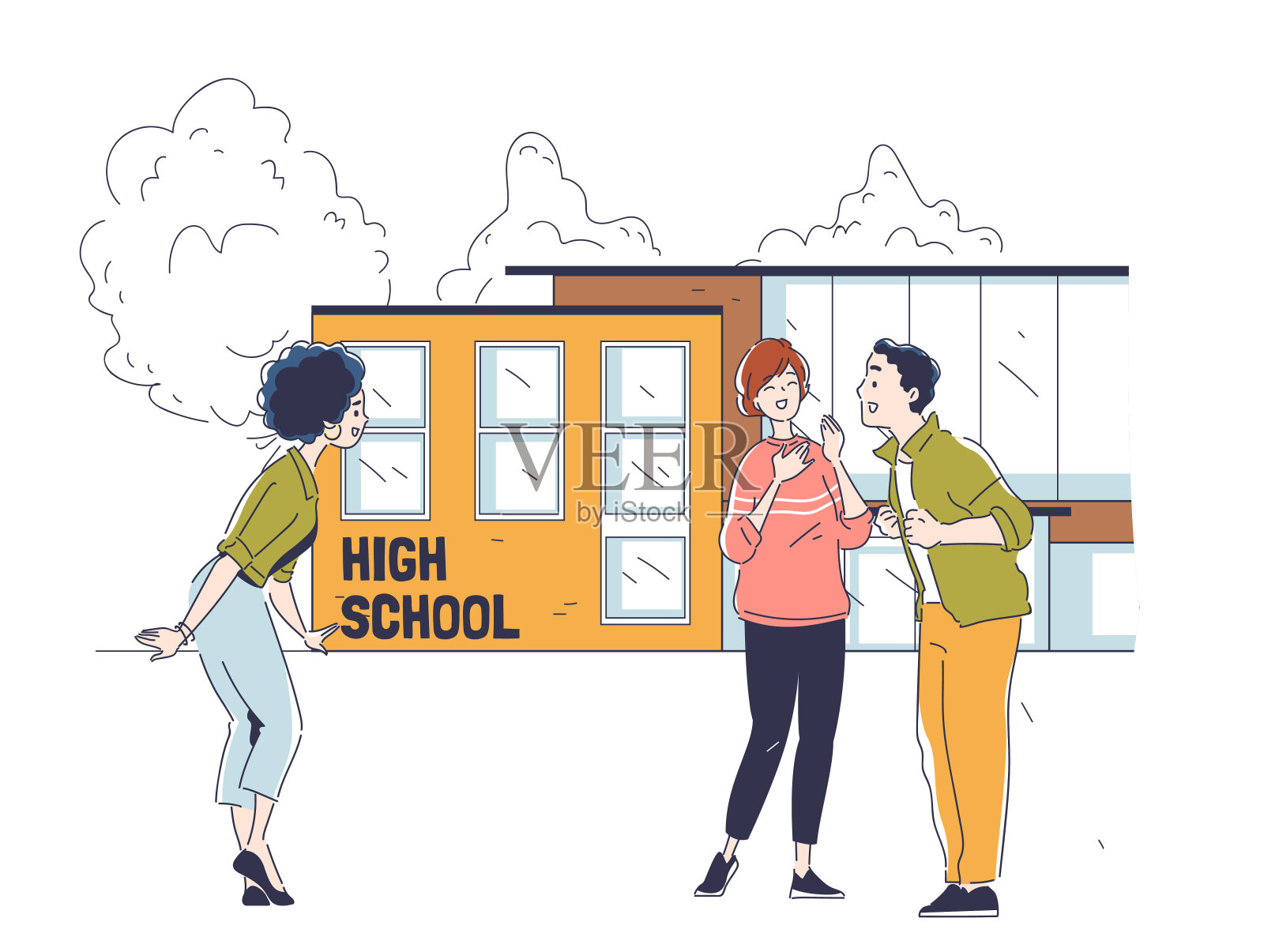 高中生。男生和女生在学校大楼附近。朋友交流。大学或学院的校园。教育和知识。线性向量图解插画图片素材