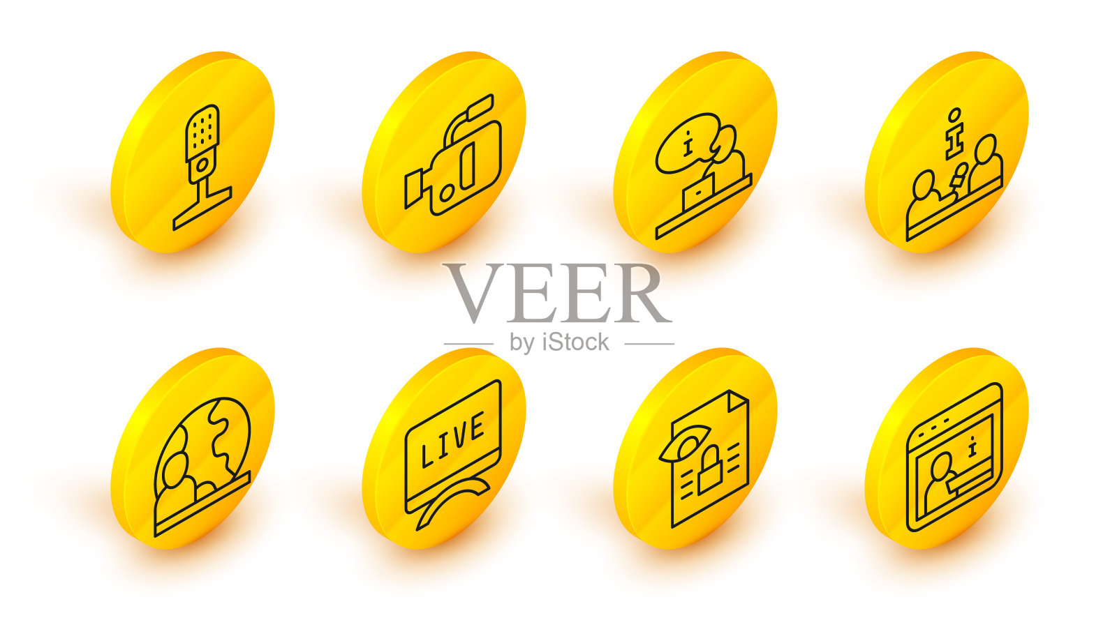 集信息，新闻调查，现场报道，世界新闻，采访，电视，电影摄像机和麦克风图标。向量插画图片素材