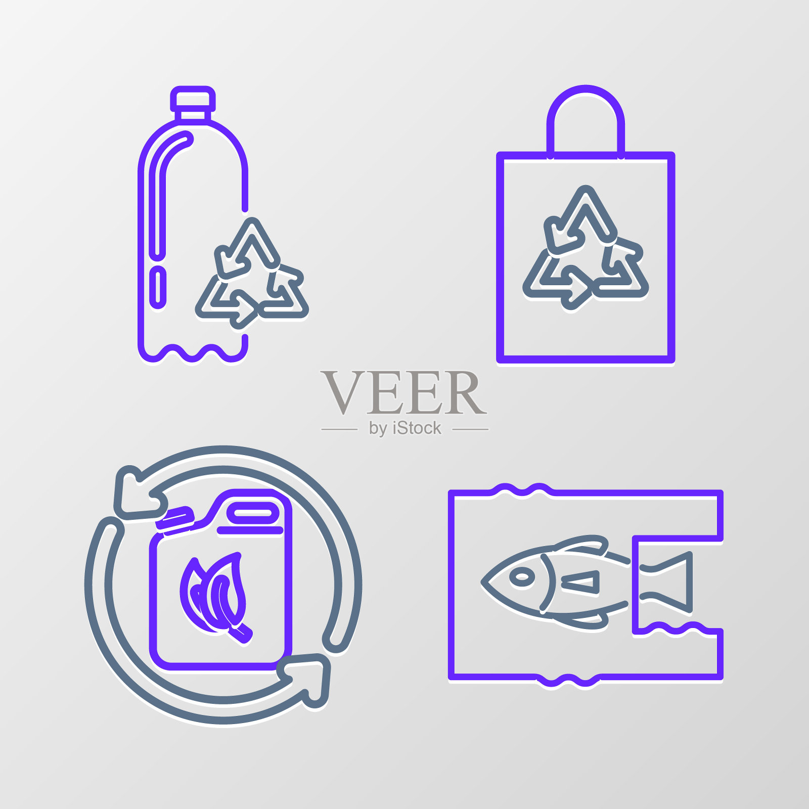 停止海洋塑料污染，生物燃料罐，塑料袋回收和回收瓶图标。向量插画图片素材