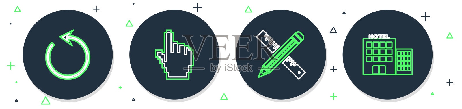 设置线像素手光标，交叉标尺铅笔，刷新和酒店建筑图标。向量插画图片素材