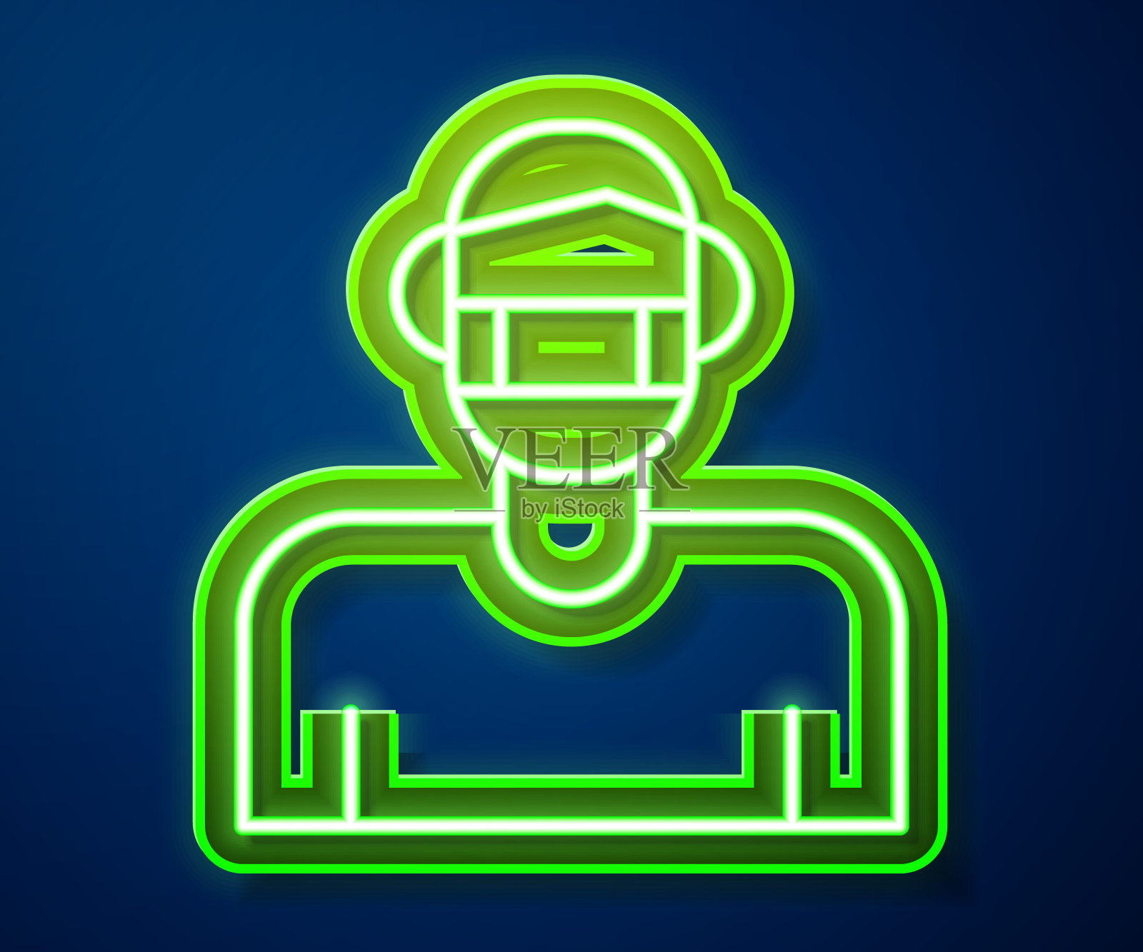 发光的霓虹灯线男子脸在医疗防护口罩图标隔离在蓝色背景。隔离。向量插画图片素材