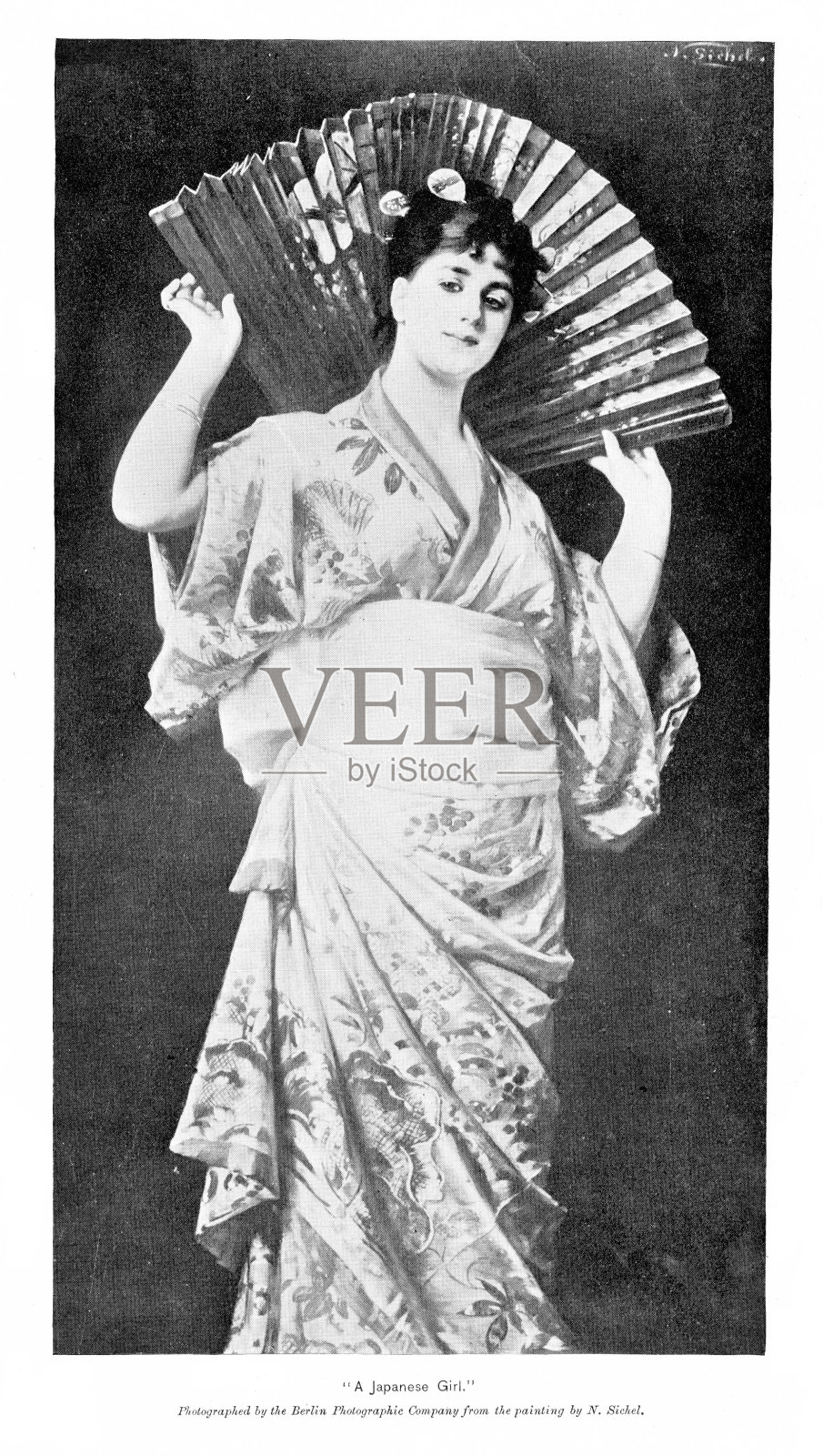 19世纪日本文化，身穿和服手持扇子的日本女子插画图片素材