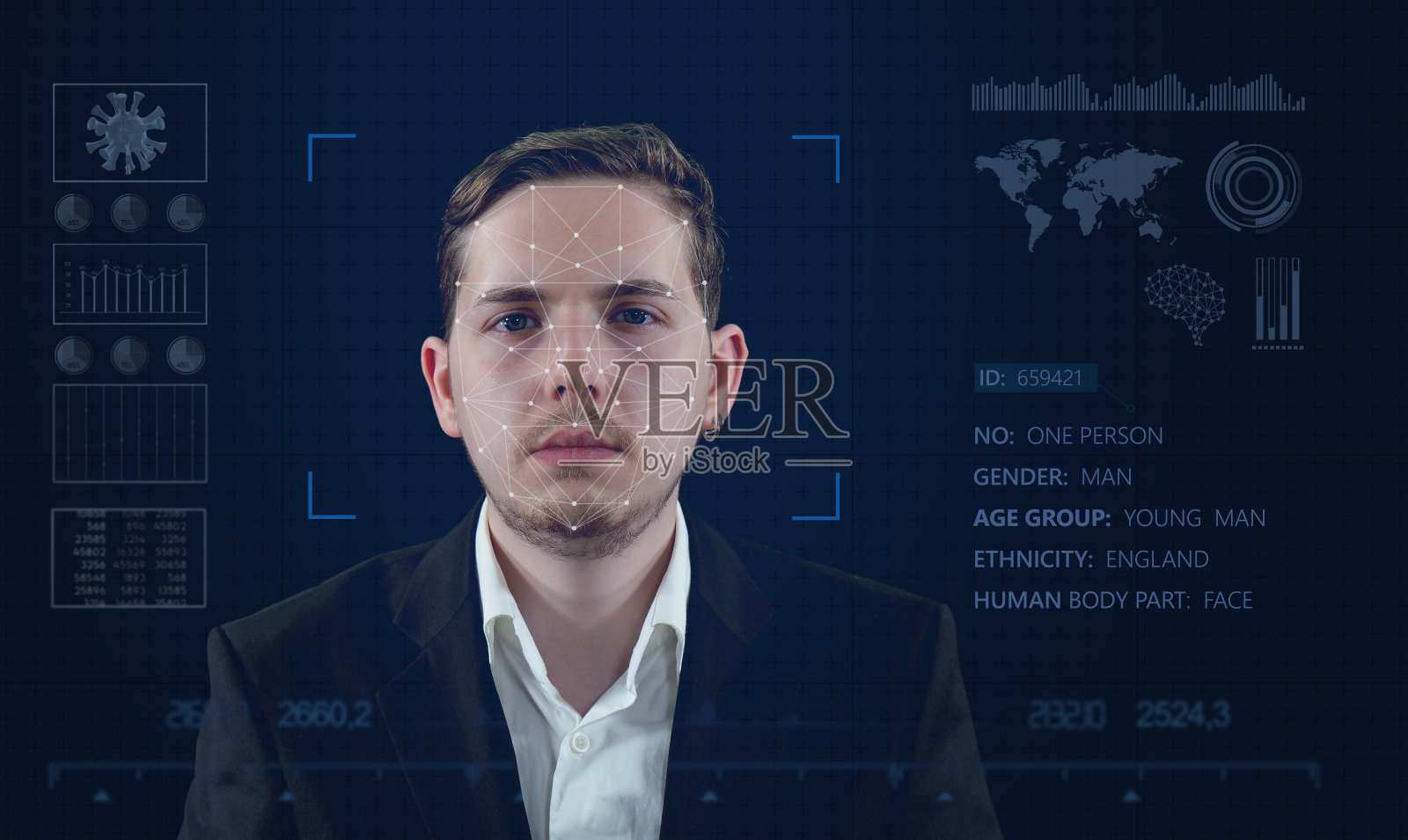 生物识别安检扫描，AI(人工智能)概念。深度学习。GUI(图形用户界面)。通过面部识别概念进行身份验证。面部识别技术，海军蓝背景。照片摄影图片