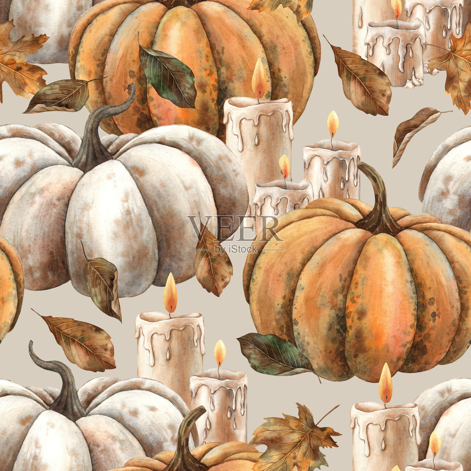 南瓜、蜡烛和秋叶的图案。在灰色背景上手绘水彩图案。适合设计，卡片或包装秋季假期，感恩节，万圣节，巫术。插画图片素材