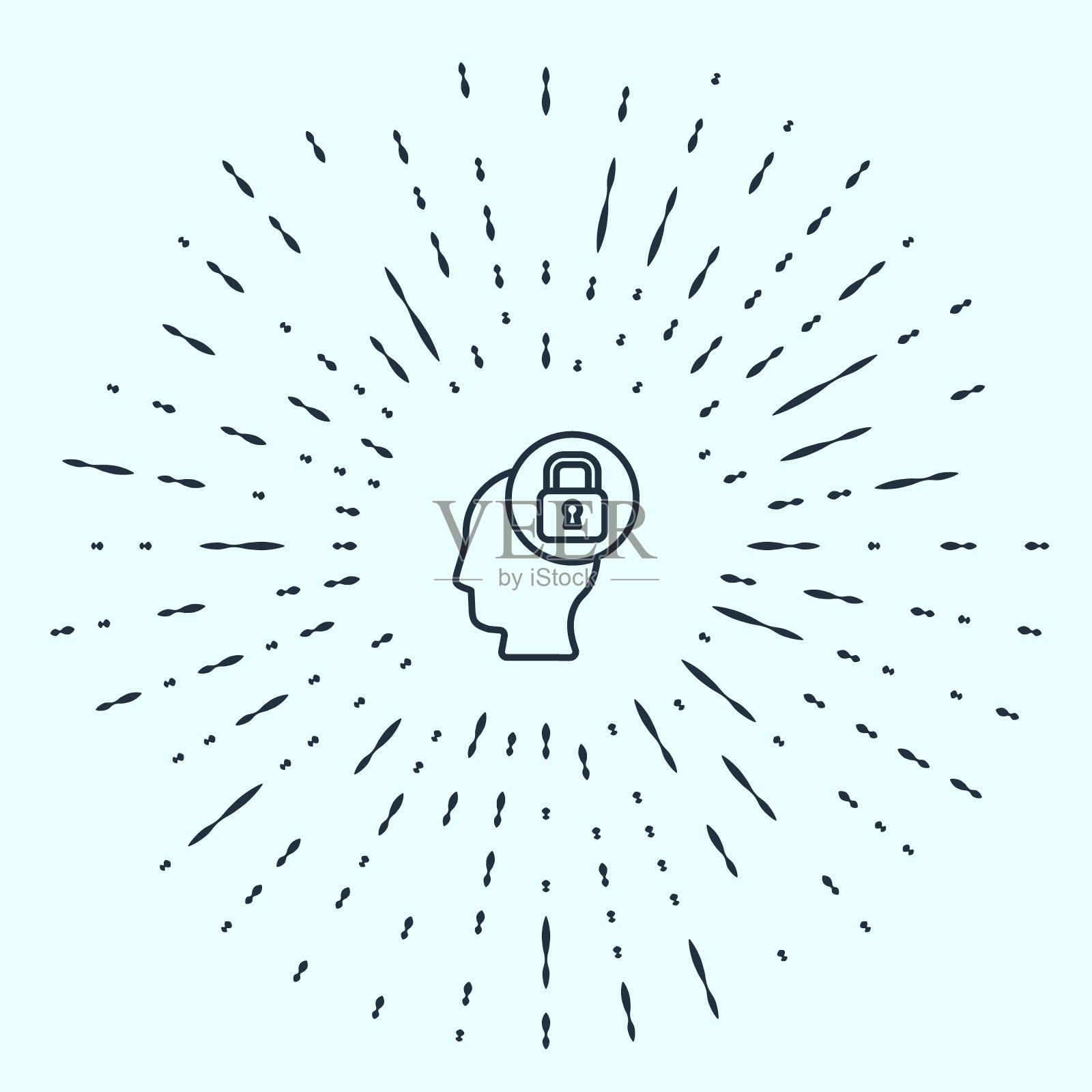 黑线人的头与锁图标隔离在灰色背景。抽象圆形随机点。向量插画图片素材