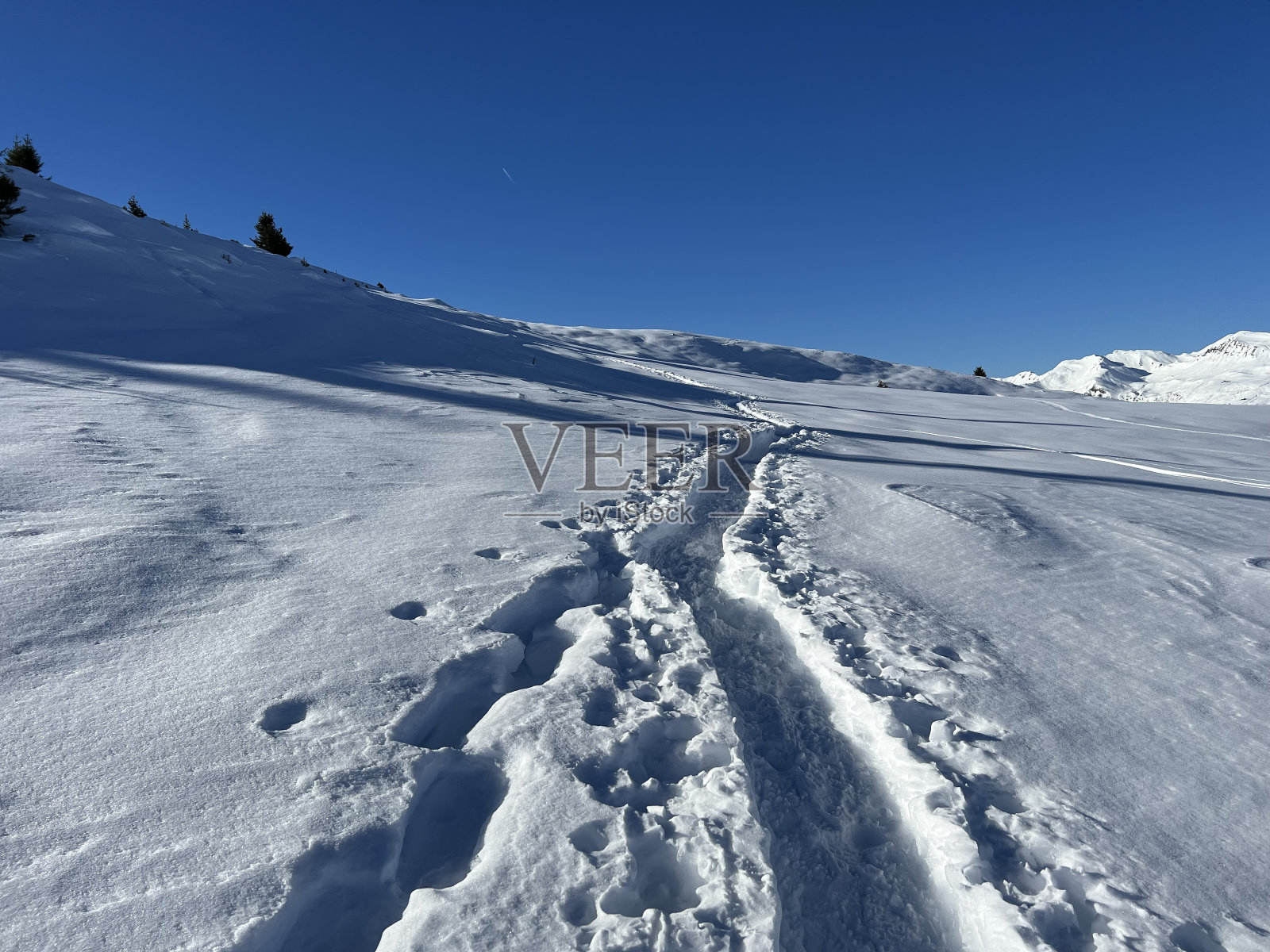瑞士阿尔卑斯山脉和旅游胜地阿罗萨-格里松州，瑞士(瑞士)的美丽冬季徒步小径和雪原。照片摄影图片