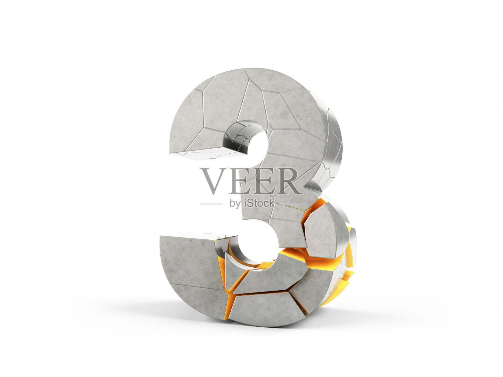 石头字体，字母由破碎的石块落在孤立的白色背景3d渲染，编号3照片摄影图片