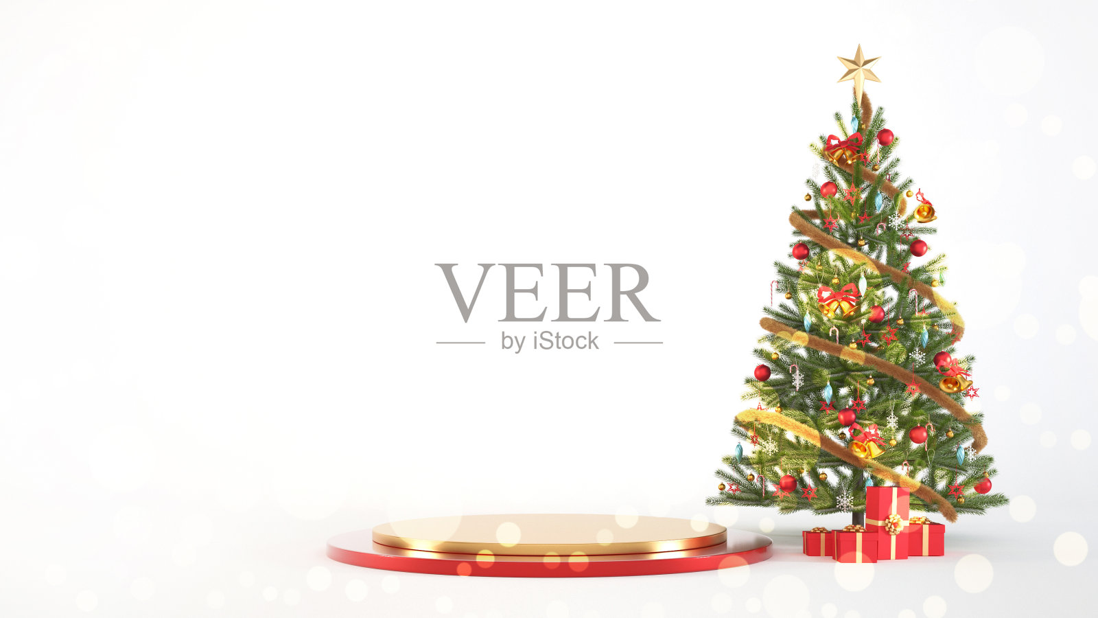圣诞树讲台用红色，金色和新年前夜的礼物在白色的背景，3d渲染照片摄影图片