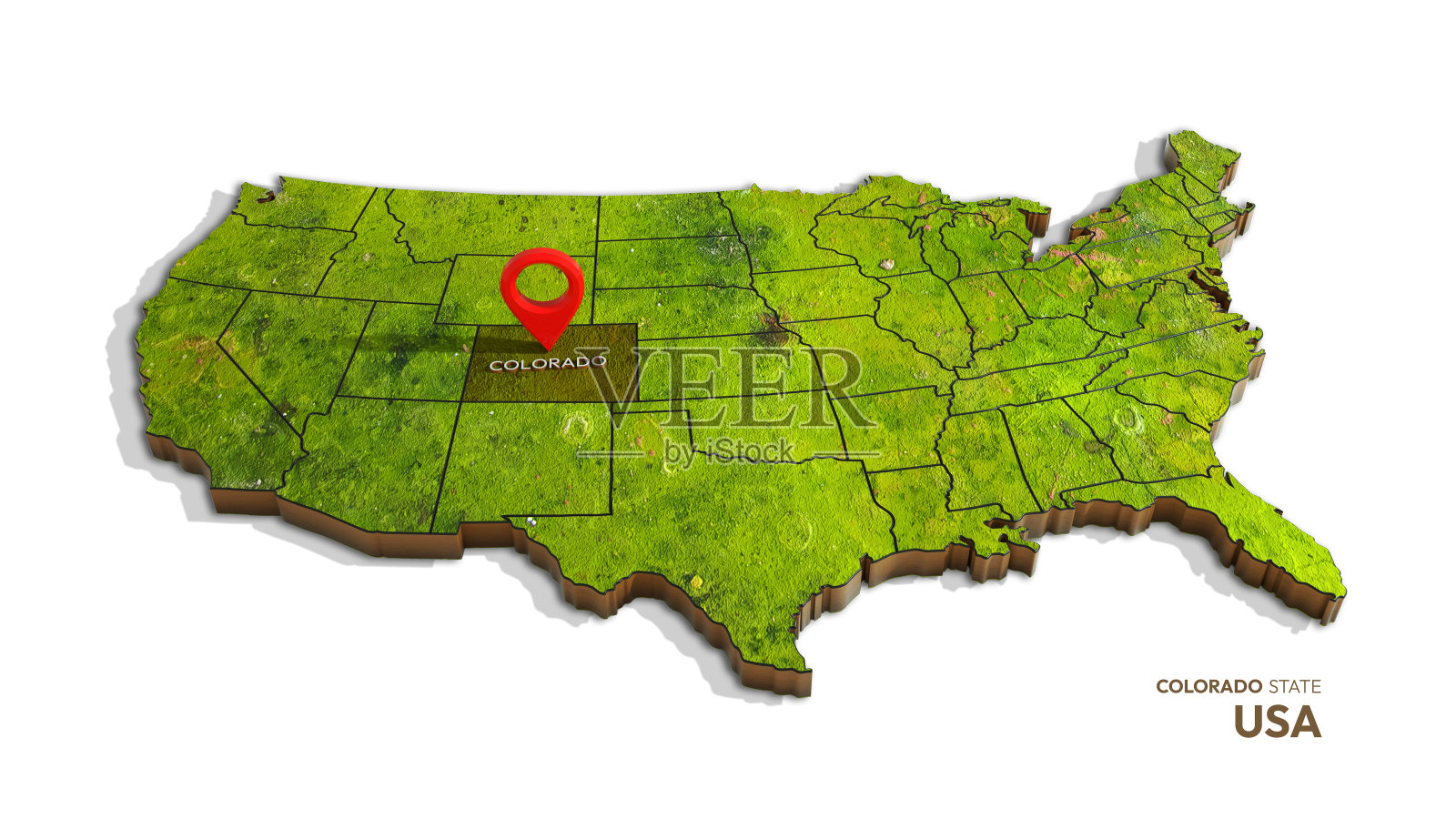 美国地图的3D渲染，突出科罗拉多州孤立在白色背景上照片摄影图片
