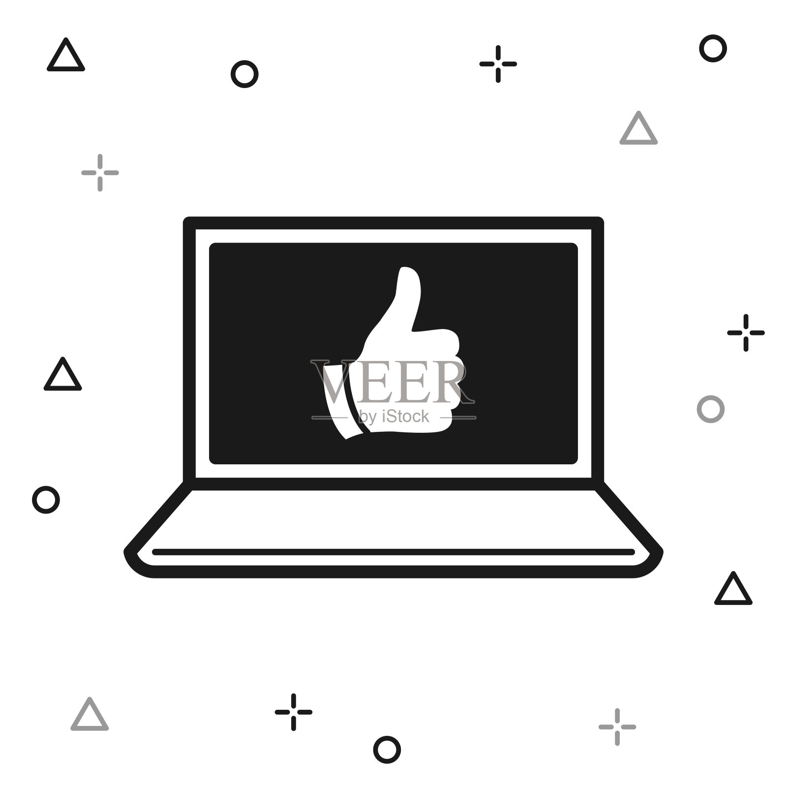 拇指点赞的笔记本电脑。白色背景图标插画图片素材