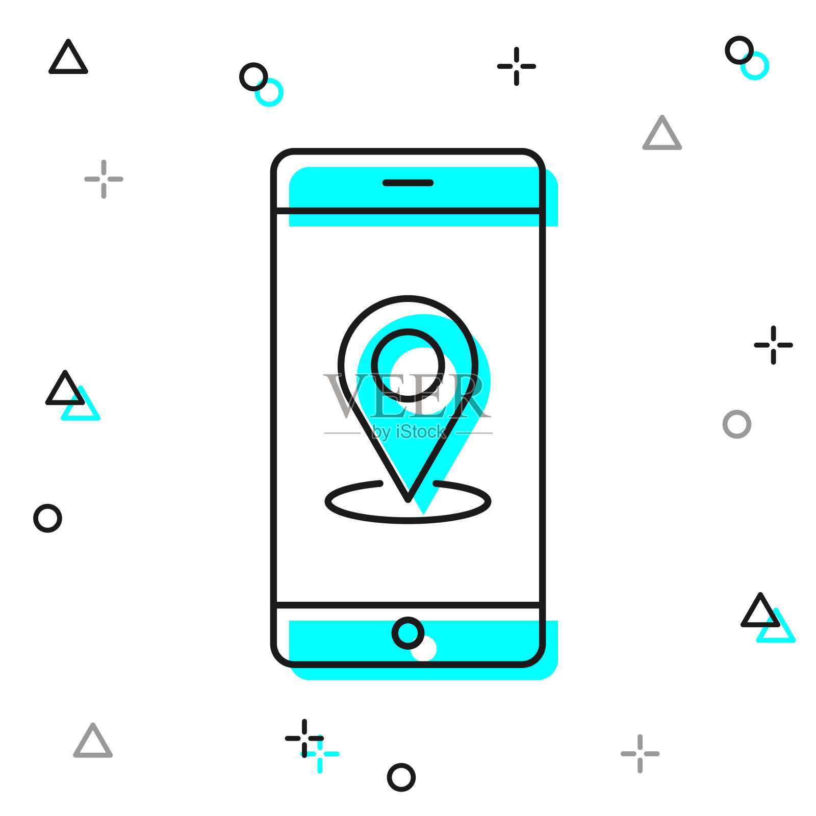 带有定位码的智能手机。白色背景上的线图标插画图片素材