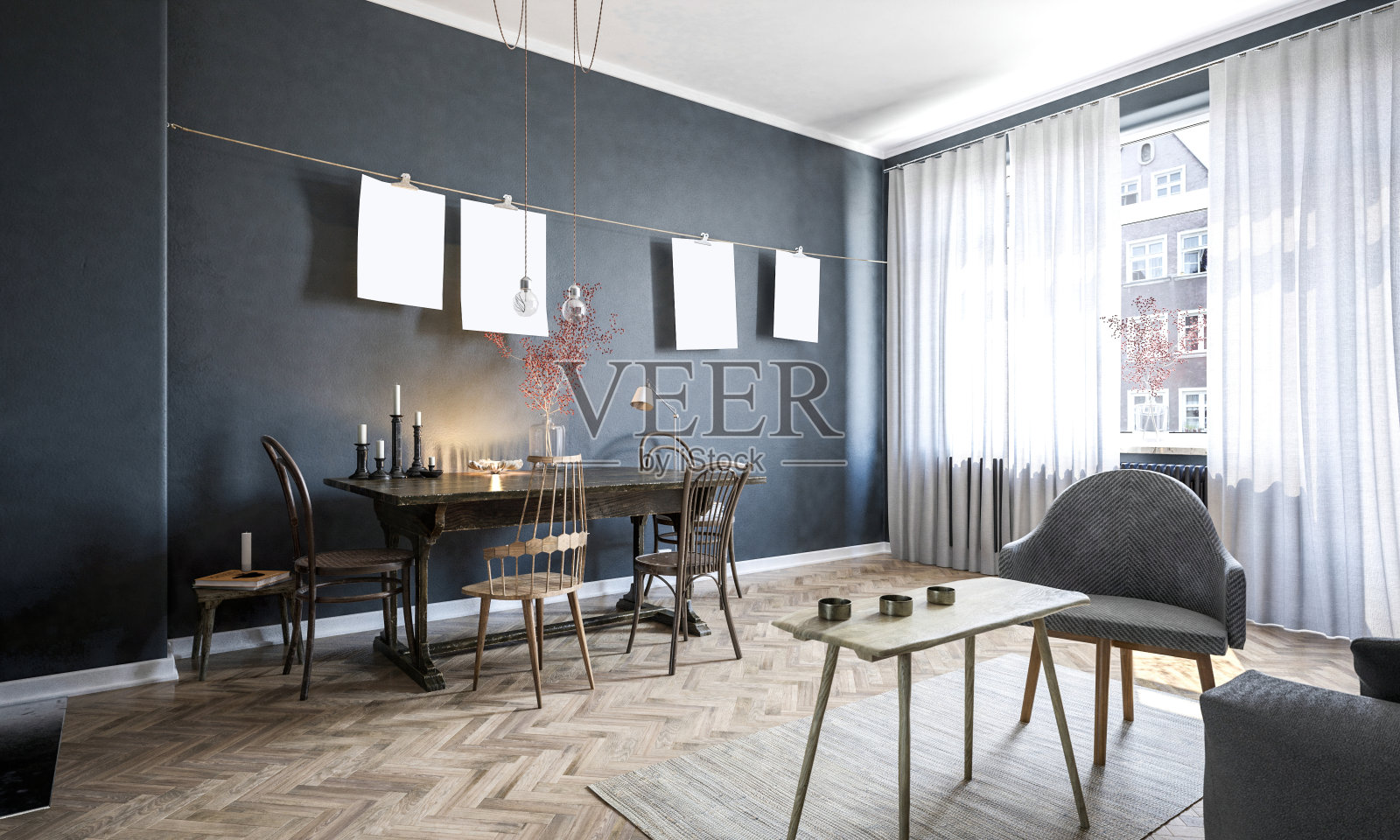 复古风格的暗墙客厅照片摄影图片