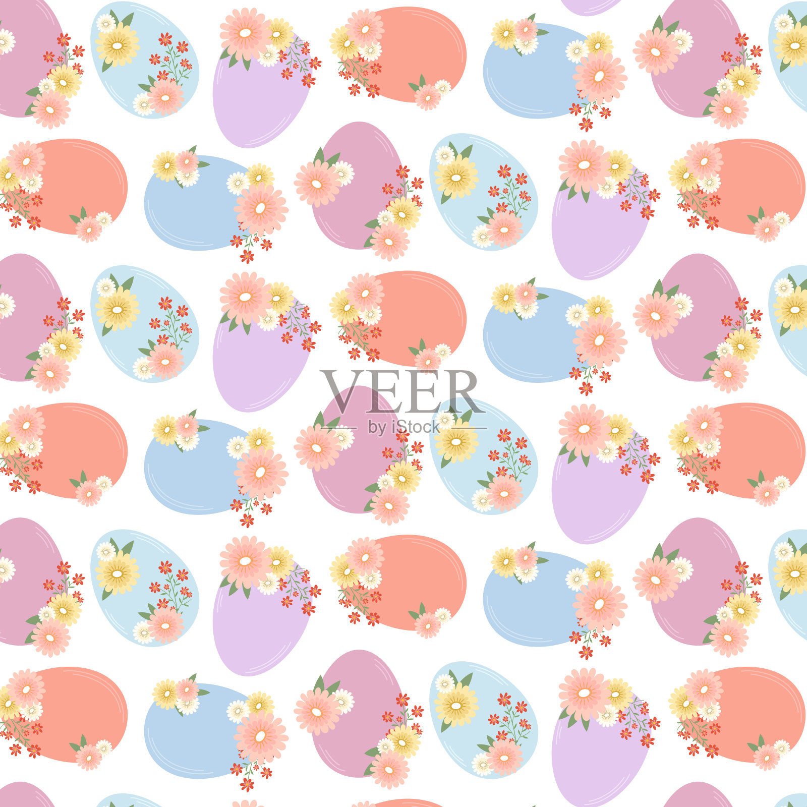 无缝图案与精致的复活节彩蛋和花朵节日复活节设计柔和的颜色。插画图片素材