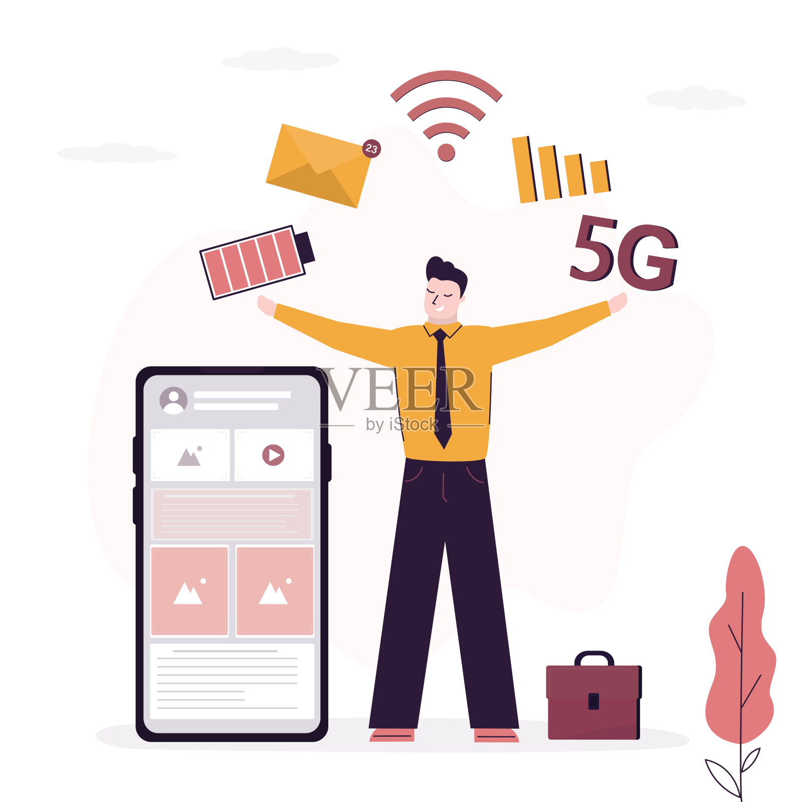 聪明的用户会摆弄手机应用程序的图标——电池、Wi-Fi、邮件。使用智能手机在社交网络和工作中交流。手机屏幕上的App。插画图片素材