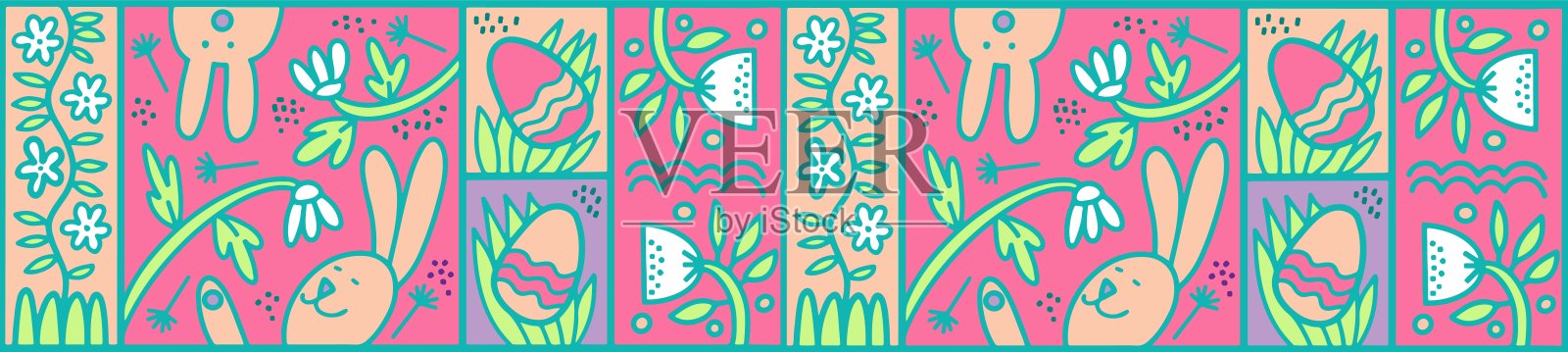 手绘复活节水平无缝图案与鸡蛋，lapins，花。现代风格的图形。插画图片素材