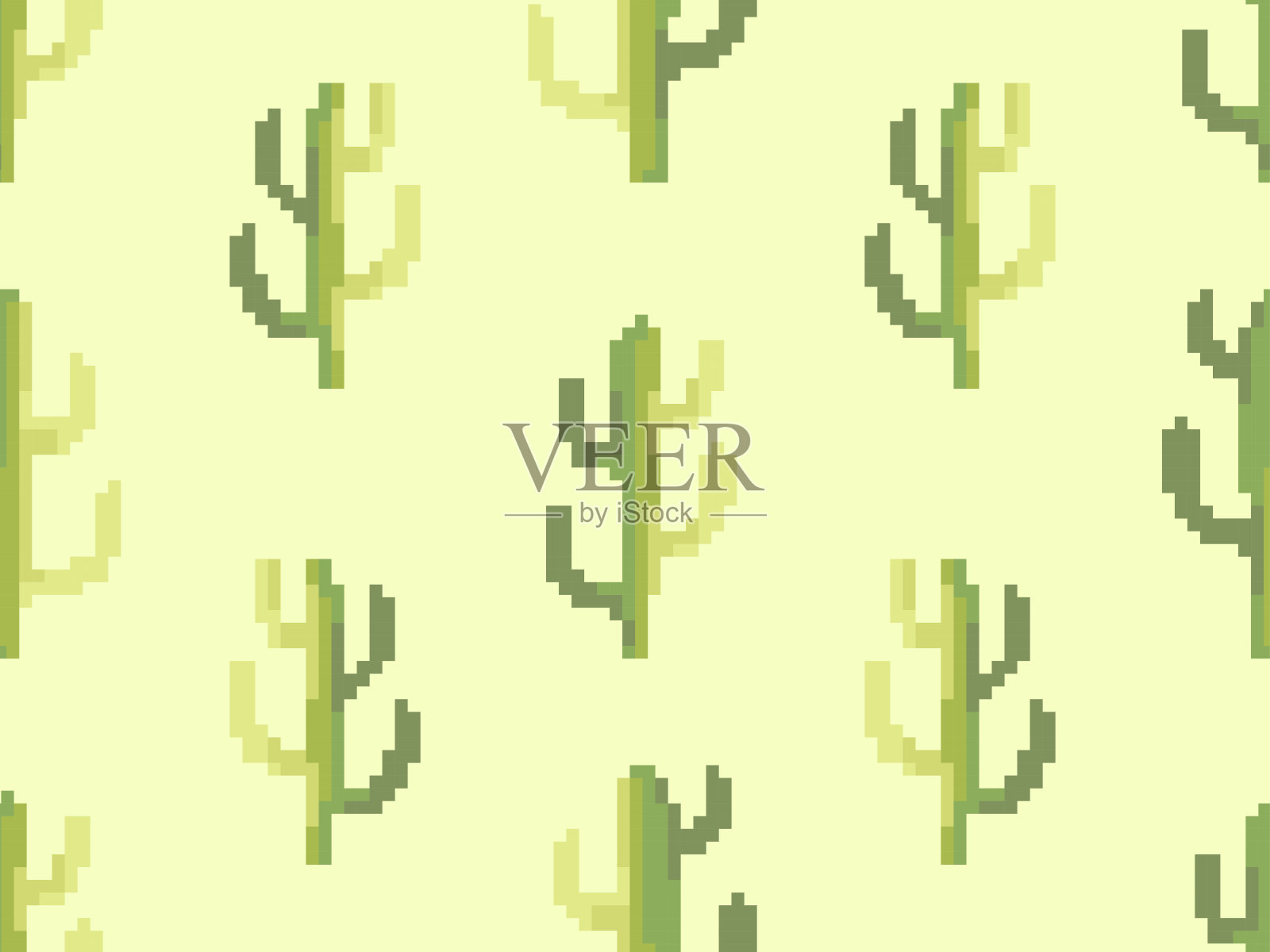 无缝图案与仙人掌在像素艺术风格。经典80年代电子游戏风格的绿色8位仙人掌。复古设计的印刷品，包装纸和壁纸。矢量图插画图片素材