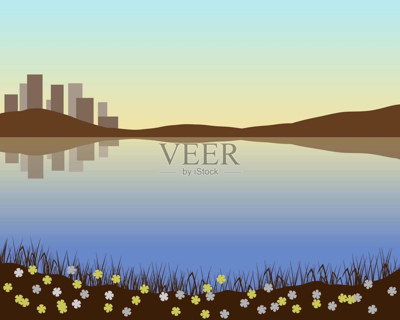 以多层建筑和夜空为背景的湖泊插图插画图片素材