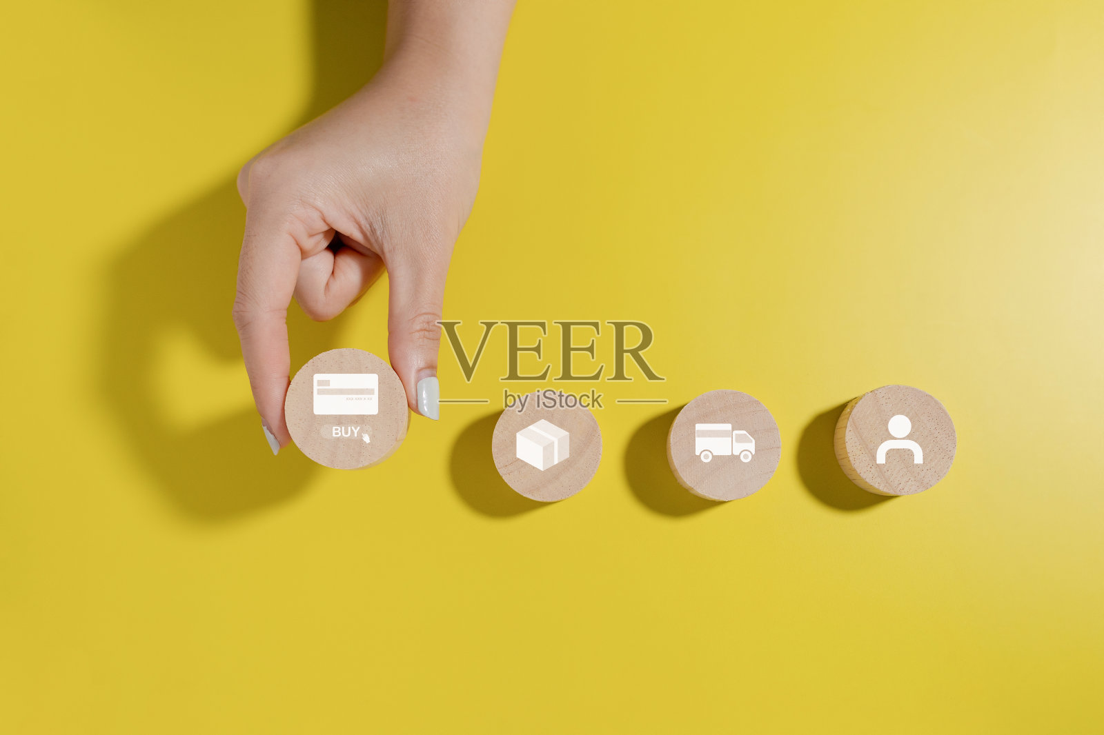 用木块网购，在网上销售商品和服务的平台上网购，用信用卡下单，通过快递公司送货。照片摄影图片