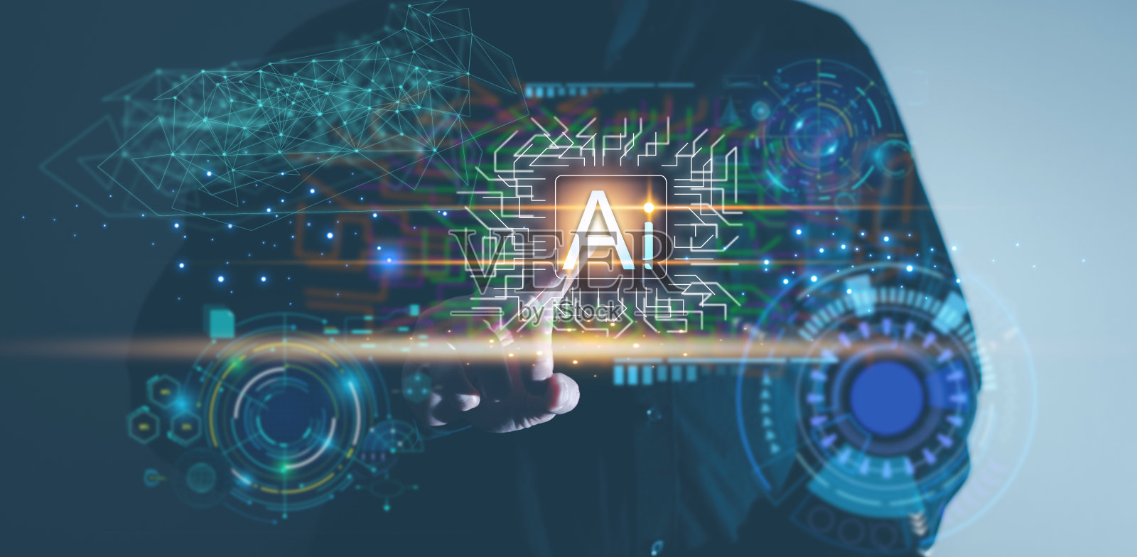 Man按启动ai应用程序在Internet网络上启动工作照片摄影图片