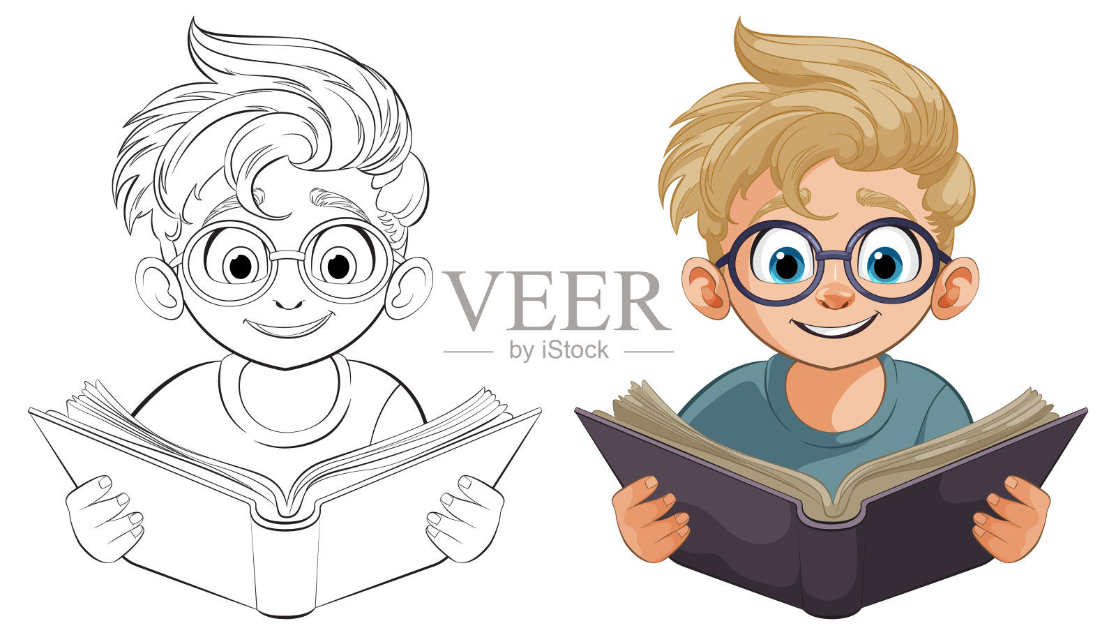 一个快乐的男孩正在享受一本书的彩色矢量插画图片素材