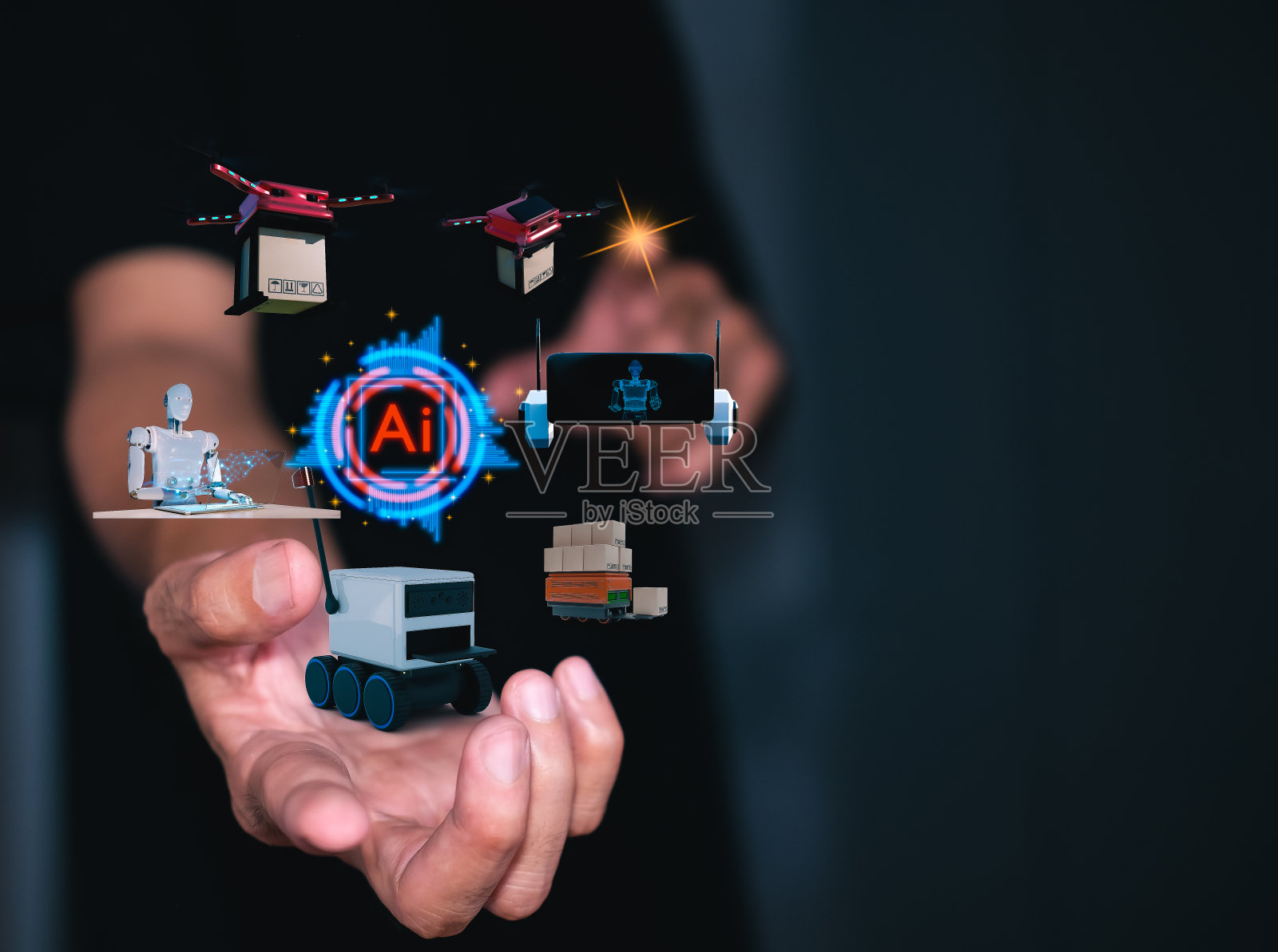 手持式UI界面技术和AR应用技术，用于工厂、仓库、运输系统、全球物流进口、出口到国外的核对订单照片摄影图片