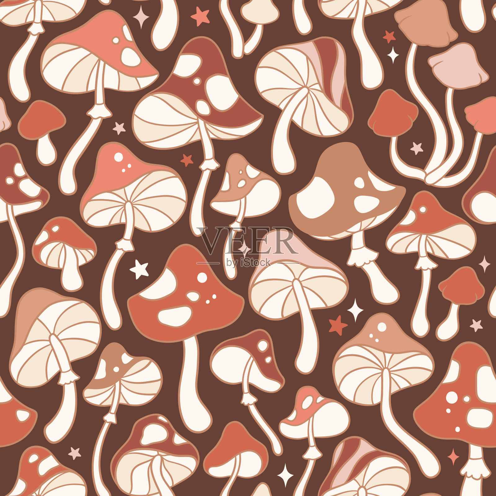 无缝矢量图案与手绘groovy复古和蘑菇和星星。完美的纺织品，墙纸或印刷设计。插画图片素材
