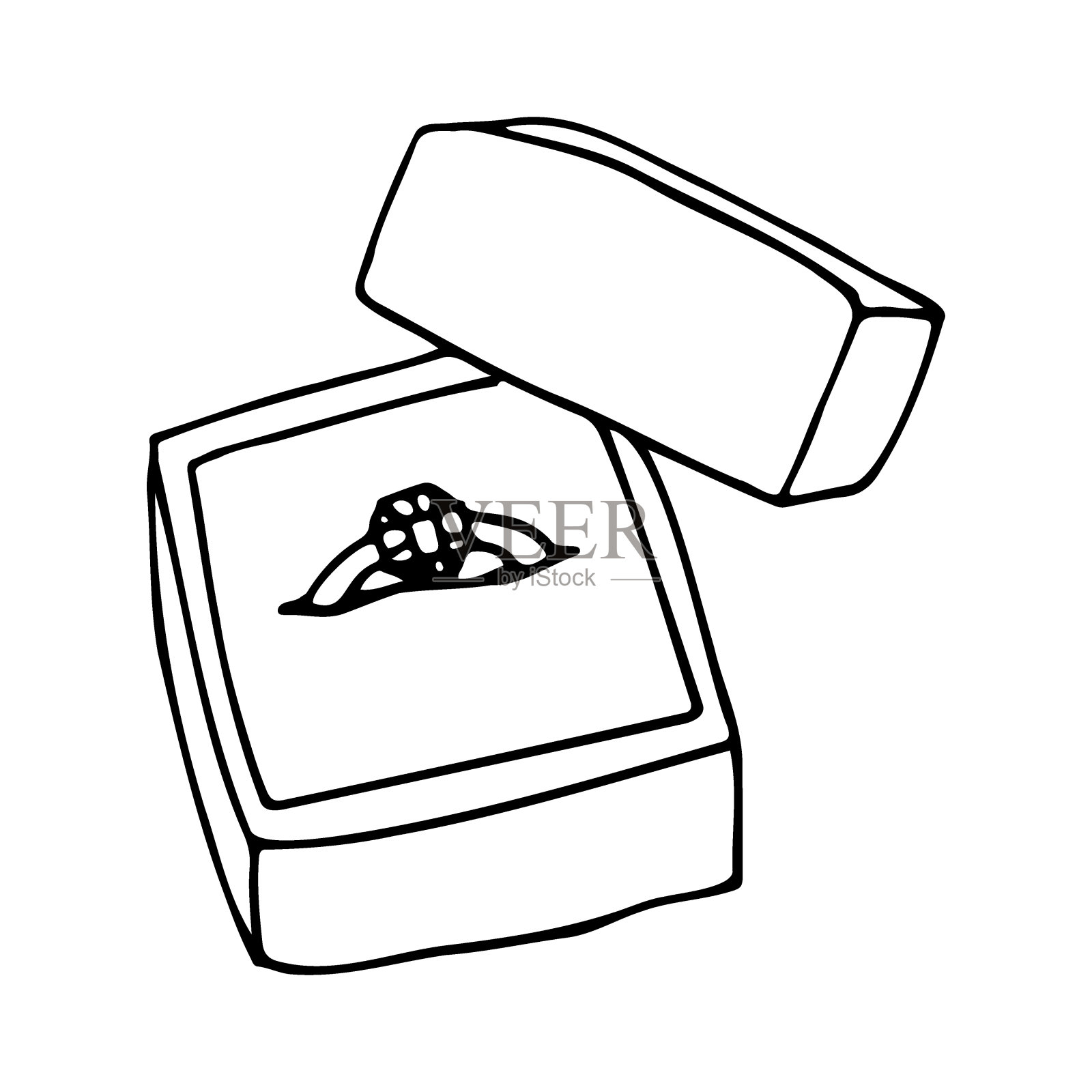 在一个打开的盒子里画一个钻戒。手绘结婚戒指插画图片素材
