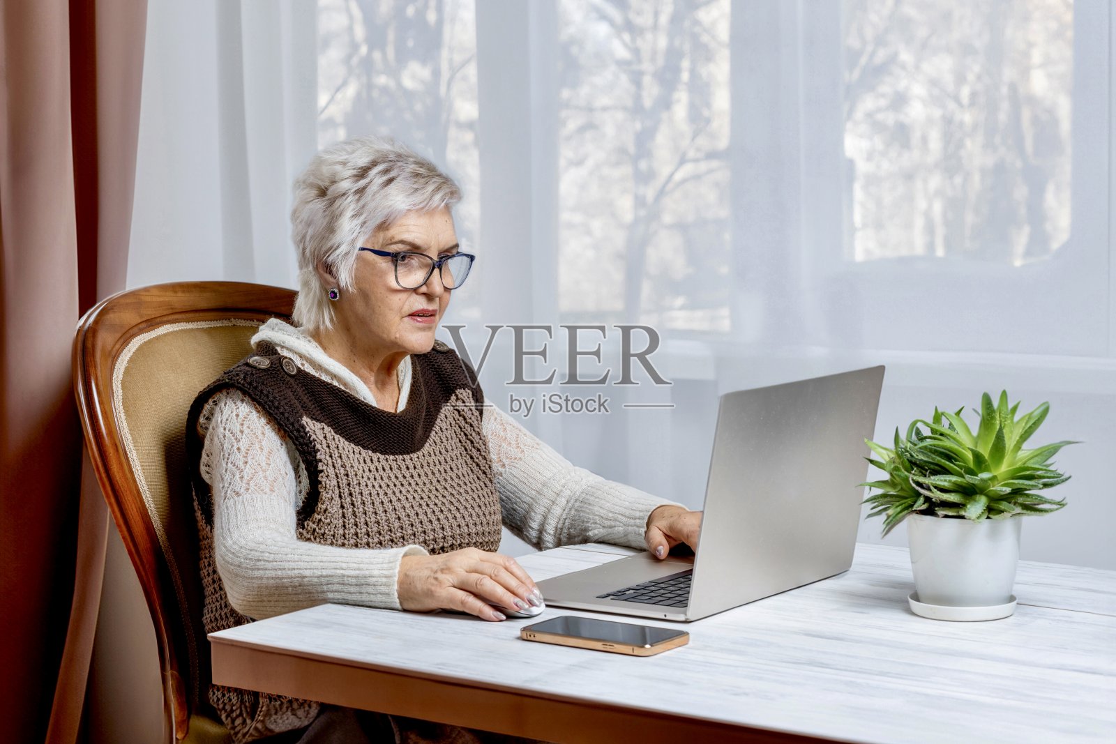 一位70岁的退休妇女坐在家里用笔记本电脑上网。照片摄影图片