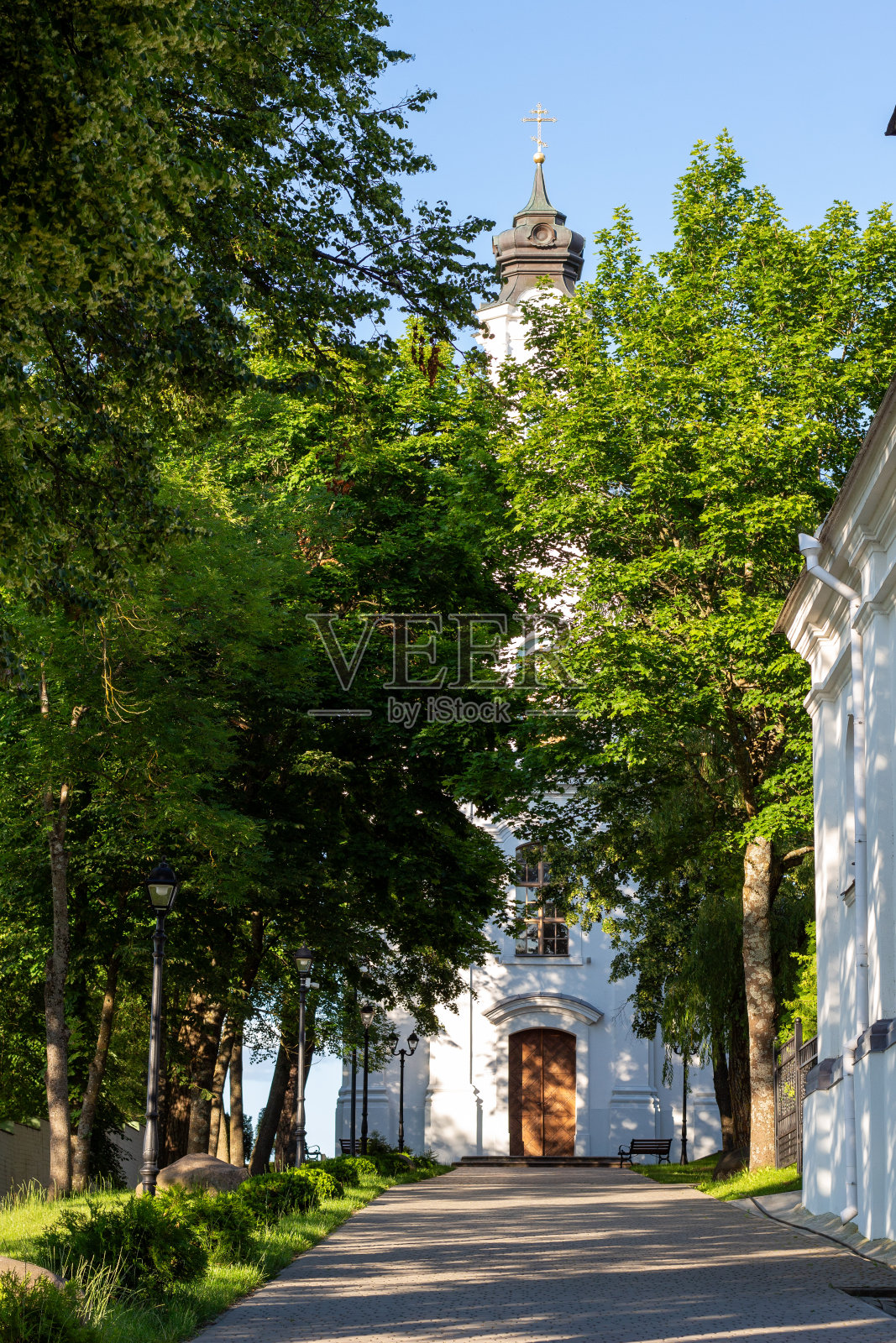 与树木环绕的古建筑合影照片摄影图片