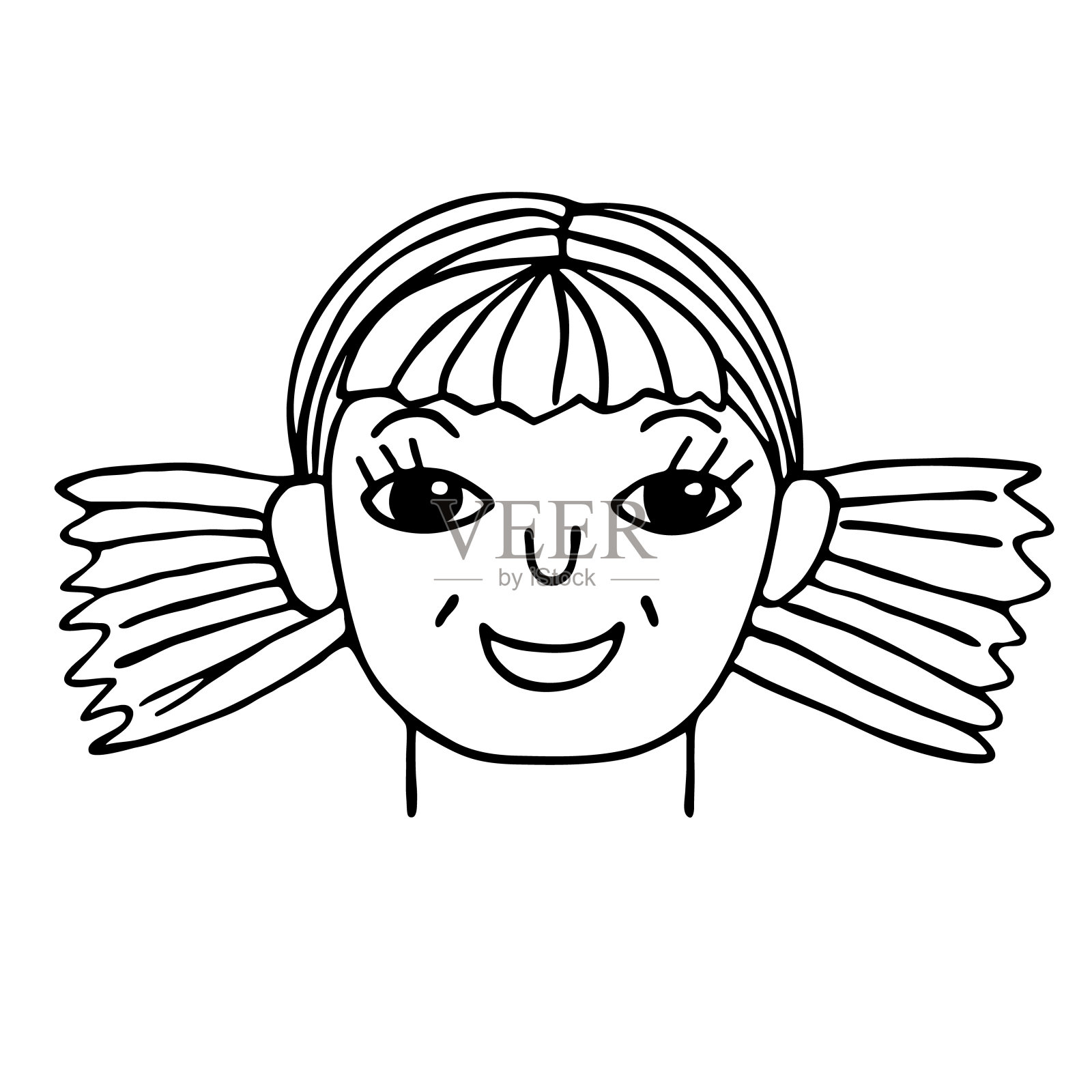 儿童女孩的脸线素描孤立在白色上插画图片素材