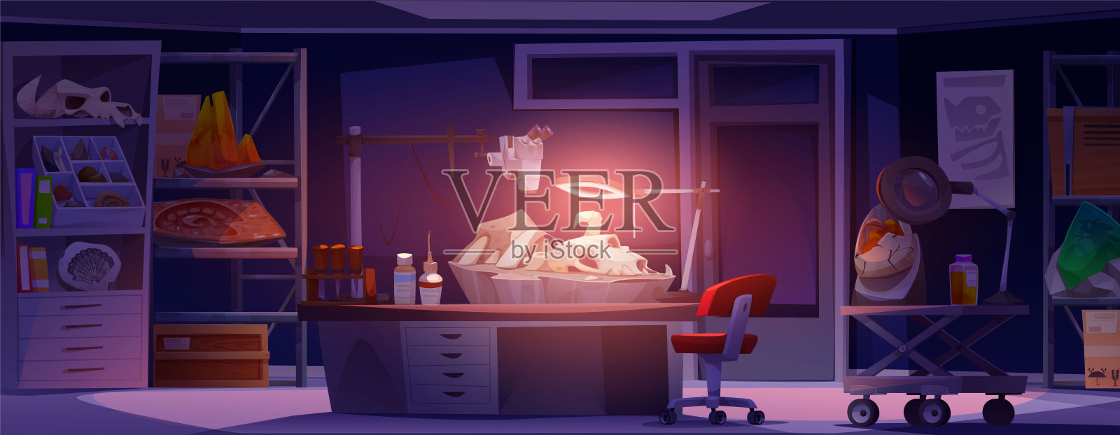 考古学家实验室里有恐龙化石载体插画图片素材